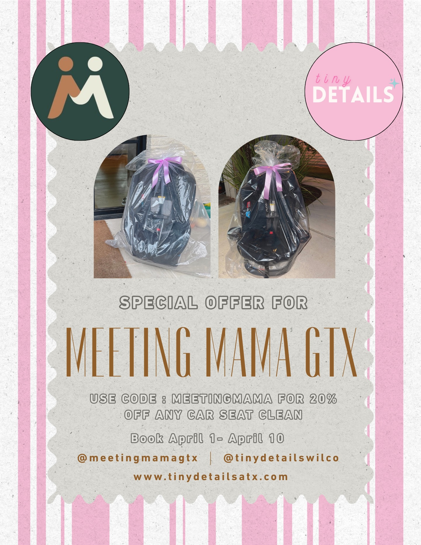 Motherhood is messy… literally. 🤍
That’s why I’m so excited to partner with a fellow local mama who is making life easier for all of us. @tinydetailswilco will take your car seat overnight (yes, overnight 🙌) and return it the next morning fresh, clean, and ready for all the snack crumbs ahead.
✨ Meeting Mama members get 20% off cleanings when you book April 1–10. That means tomorrow!! Use code MEETINGMAMA for discount! If you want the booking link, comment CLEAN below and I will share it with you 🤩
Because sometimes support looks like someone else handling the mess, and putting a bow on it 🎀🫶