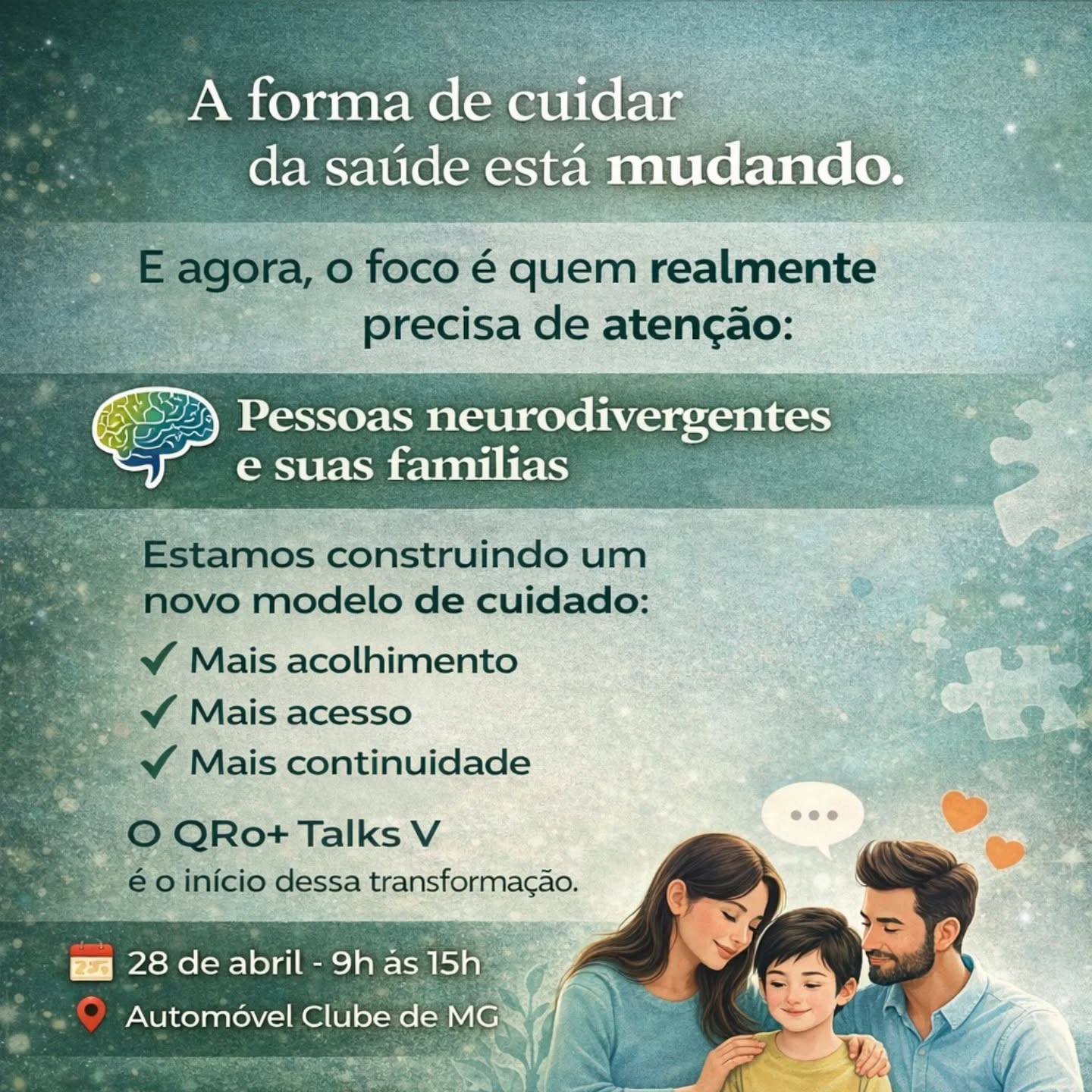 🚀 Dia 28 de abril está chegando… e você não pode ficar de fora!
🧠✨ Neurodivergência em Foco será um encontro transformador — reunindo especialistas, famílias e profissionais para discutir, aprender e construir soluções reais dentro do universo da neurodivergência.
💡 Será mais do que um evento.
Será conexão, propósito e impacto.
🎯 E você, como parte da nossa comunidade, tem um papel fundamental:
👉 Engajar
👉 Compartilhar
👉 Convidar
👉 Fazer parte desse movimento
🔥 Estamos criando algo grande — e você está dentro disso.
📅 28 de abril
⏰ 9h às 15h
📍 Automóvel Clube de MG
🎁 Benefício exclusivo: 1 mês FREEMIUM para participantes
⚠️ Vagas limitadas — garanta já sua participação e ajude a levar essa mensagem ainda mais longe!
💚 Vamos juntos transformar a saúde, a inclusão e o futuro.