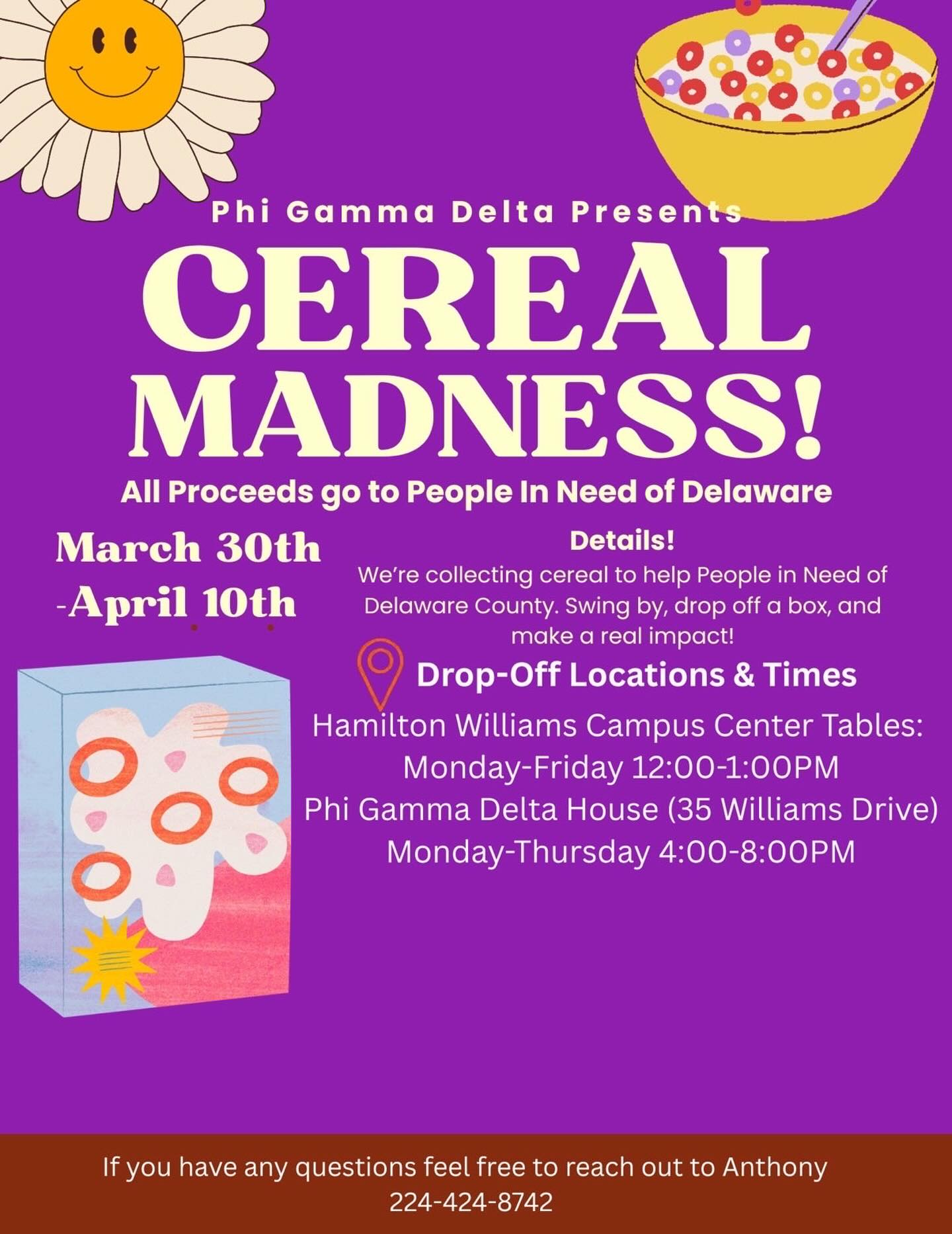 We are working with People in Need Delaware!! Cereal Drive coming to OWU. Big plans on campus coming after the collection period!! Please contact us for any more information or questions!