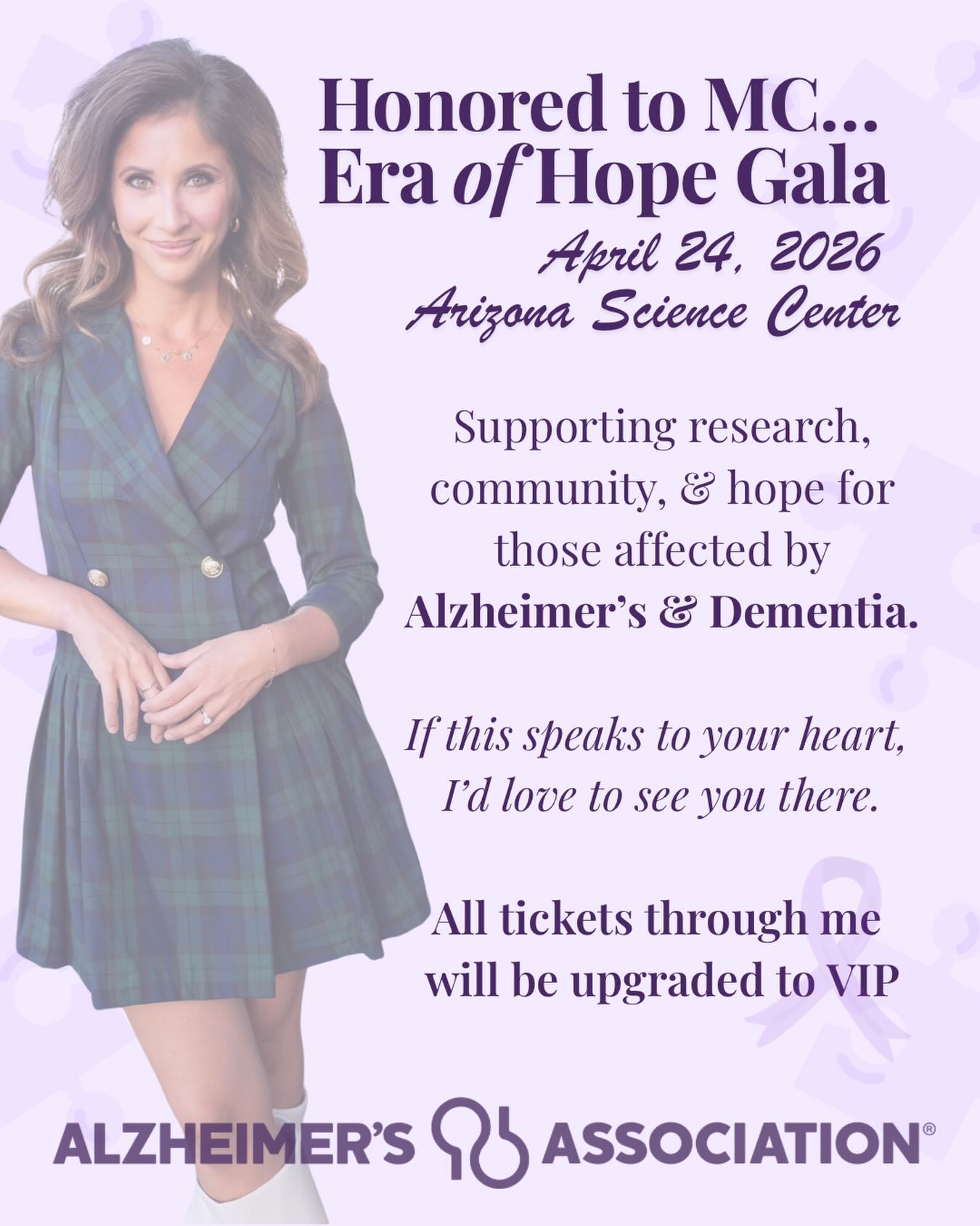I’m honored to MC the Era of Hope Gala on April 24th at the @azscience benefiting @alzdsw 💜
I’ll be joined by @letitia_frye and @jayallenmusic for a night filled with inspiration, meaning, and connection.
This evening is one of hope and celebration, bringing our community together around a cause that touches so many families. More than 7 million Americans are living with Alzheimer’s, supported by nearly 12 million caregivers.
If Alzheimer’s or dementia speaks to your 💜, I’d love to see you there.
Purchase a regular ticket through me and it will be upgraded to VIP:
💌 nadine.bubeck@citylifestyle.com