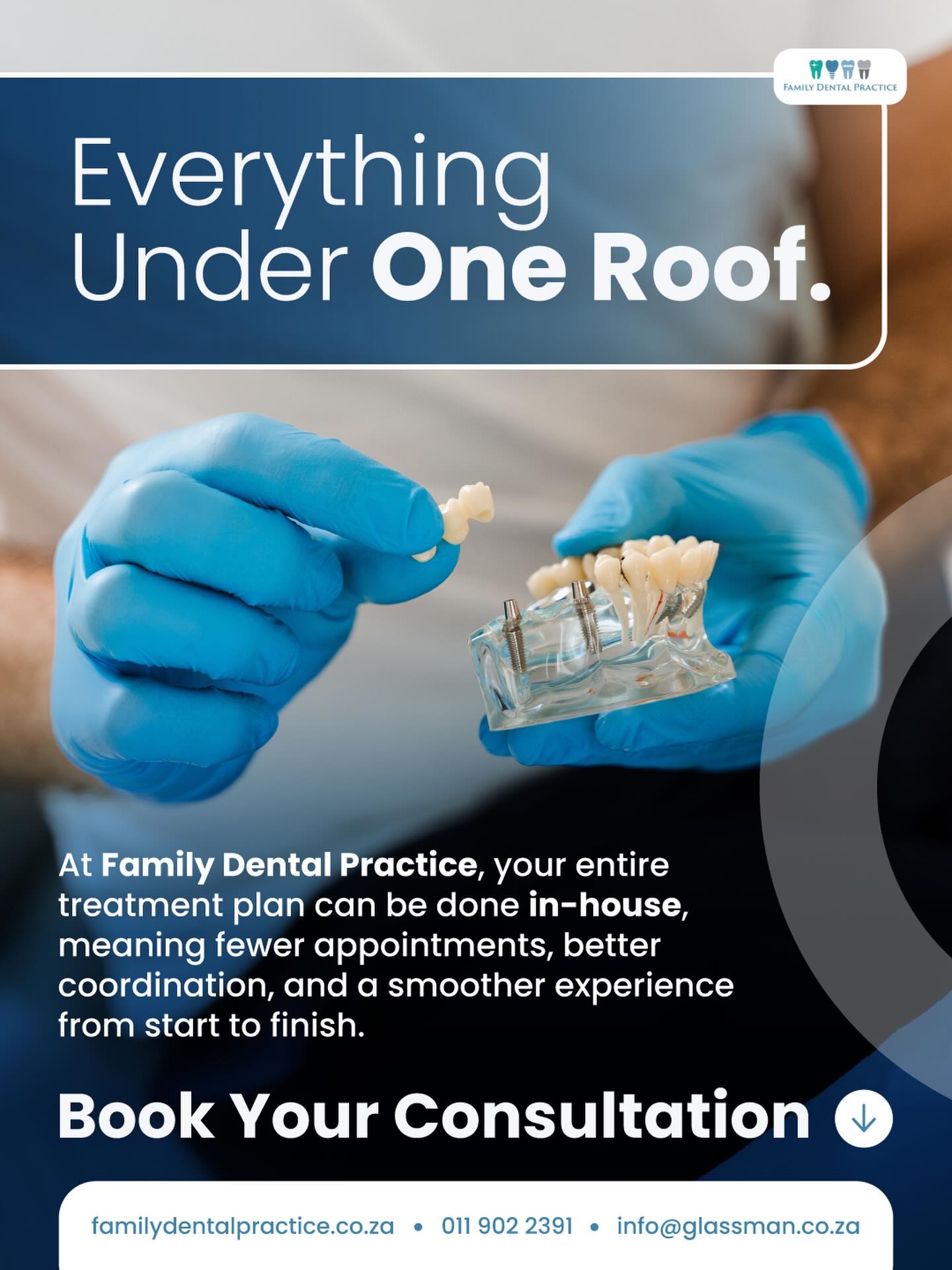 Everything under one roof means less running around, less waiting, and a far more seamless experience.
At Family Dental Practice, your treatment can be planned and managed in-house, from everyday dentistry to more advanced care, with one trusted team guiding you every step of the way.
Better co-ordination, greater convenience and care that simply makes sense.
Book your consultation with Family Dental Practice today.
🌐 familydentalpractice.co.za
📞 011 902 2391
📧 info@glassman.co.za
#FamilyDentalPractice #DentistJohannesburg #DentistSA #DentalCare #FamilyDentist