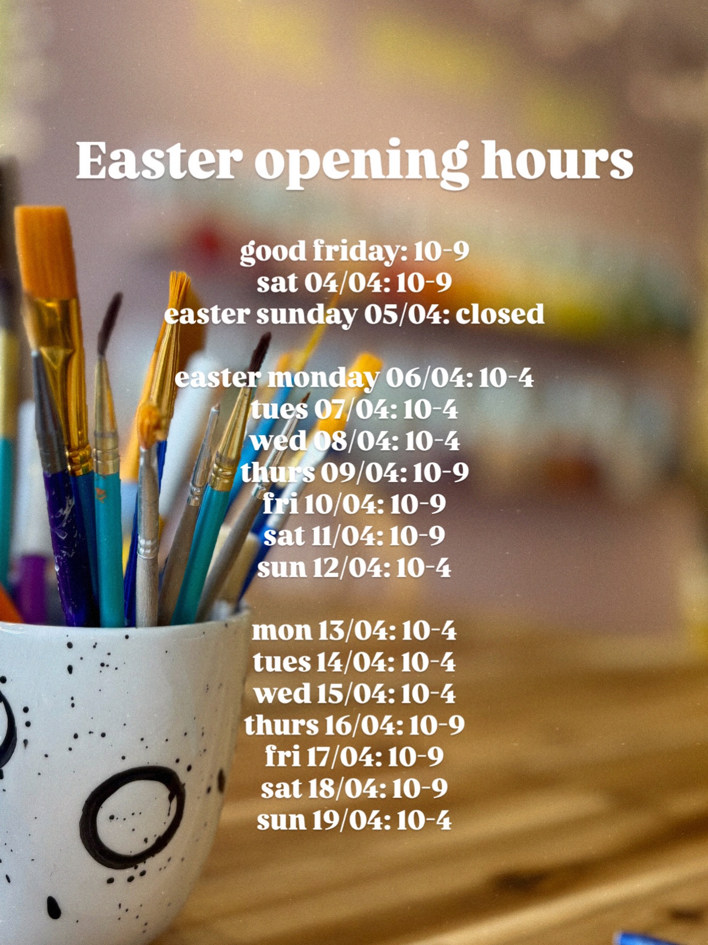 Easter holidays are nearly here… and we’re open lots of extra days for all your creative plans! 🎨✨
The weather’s not looking great 🌧️ which means cosy pottery painting is the perfect plan… and bookings are already filling up fast!
Make sure you book online as soon as you can to secure your spot. Don’t forget to check your confirmation email for all the details once booked ✔️
We’ve also got some special events and workshops running over the holidays – take a look at the What’s On page on our website to see what’s coming up 👀
See you in the studio 🫶
#potterypainting #easterholidays #familyactivities #thingstodowithkids #rainydayplans