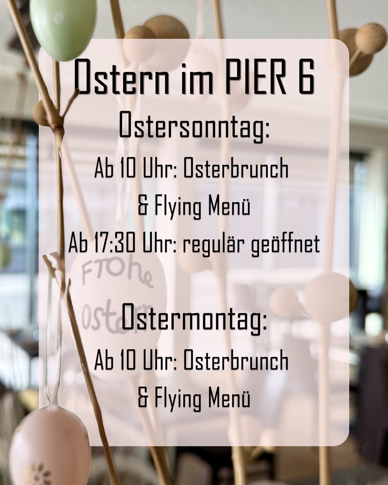 Unsere Öffnungszeiten zu Ostern!
Für unseren Brunch sind an beiden Tagen nur noch ein paar Plätze frei. Tische können auch jederzeit online auf www.pier6.de reserviert werden.
#pier6 #ostern #restaurant