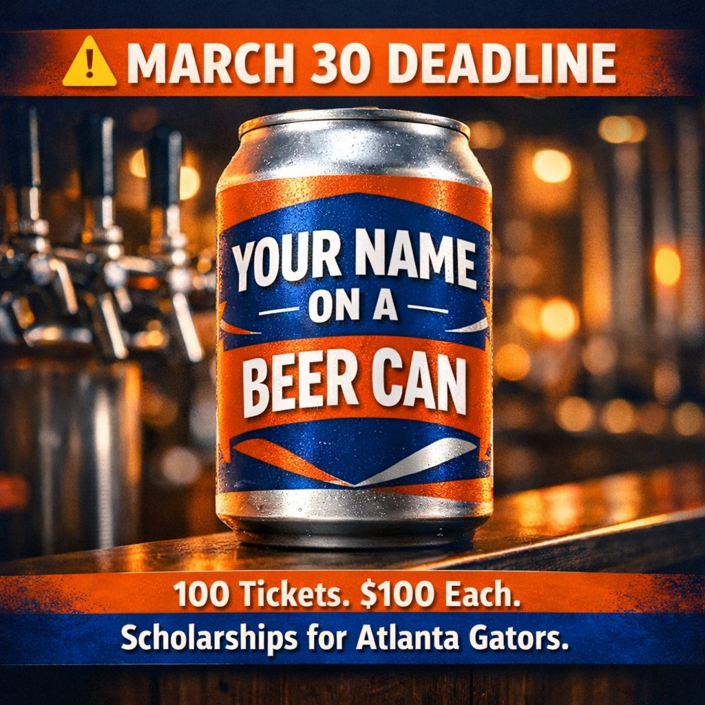 🐊🍺 EVER WANTED TO SEE YOUR NAME ON A BEER CAN?
This is your last call.
One winner becomes Brewer for a Day at a Gator-owned brewery.
You’ll:
• Create the recipe
• Design the label
• Be there for brewing & canning
• Host your own release party
Only 100 tickets.
Deadline: March 30.
Every ticket funds scholarships for Atlanta students attending UF.
If you’ve been thinking about it… this is your sign.
👉 Link in bio.