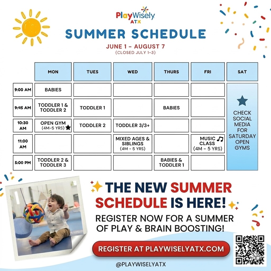 Summer at PlayWisely ATX is officially here! ☀️
To our amazing families: we are so excited to spend our summer with you! We’ve built a schedule designed to keep those little brains boosting and bodies moving all season long. Whether you’re looking for the structure of our developmental classes or the social fun of our Monday Open Gyms, there is a spot for every explorer (ages 4mos - 5yrs). As always, we offer our full session to get the most out of our classes, but also have drop-ins to cater to your summer schedule needs. Tag your favorite play date partner below so they don’t miss out!
The Summer Scoop:
🗓️ June 1 – Aug 7 (Closed July 1-3)
🧠 Class Schedule: From Babies to Mixed Ages & Music!
🙌 Monday Open Gyms: 10:30 AM – 11:30 AM
💰 Pro-Tip: Register for the full summer and Monday Open Gyms are only $5 per session!
Spots fill up fast, so snag yours now and let’s make this a summer to remember. ❤️💛💙
Click the link in our bio to register at PlayWiselyATX.com!
#PlayWiselyATX #ATXKids #AustinParents #ToddlerPlay #SummerSchedule
