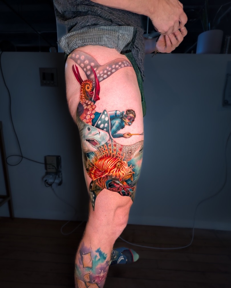 My client’s 3 day back to back to back tattoo tribute to his best bud, and their love of diving. Here’s what to check out while you swipe through:
• Color theory and layering gives you more and more and more to take in
• The creatures staggered for depth and movement
• The lionfish glowing at the center of the composition with the most saturated colors
• The shark’s bite and the whale shark’s calm creating tension
• The way the water gradients over the whale shark silhouette bring every element together
• How the whole design wraps fully around the thigh without breaking flow
Large-scale storytelling works when composition comes first! This one was built to move 💜
Thank you as always to hosting me and my private travel clients in Chicago @evergreenstudios.chicago
🚀 @longlivetattoocollective
🎨 @industryinksusa
🖤 The Best Clients Ever
#denvertattoo #denvertattooartist #diving #thightattoo #oceantattoo