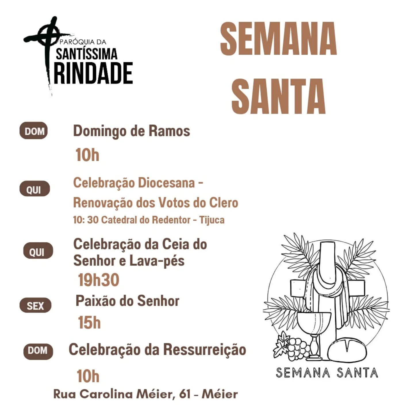 Venha participar conosco! Vamos celebrar a Semana Santa! Fizemos o caminho com Jesus até chegar em Jerusalém, continuamos com ele, não os abandonemos como fizeram alguns de seus companheiros. Nunca se esqueça que o mesmo Jesus que entrou humilde, mas aclamado em Jerusalém, foi parar na Cruz, torturado e condenado a morte, ressuscitou e animou suas discípulas e discípulos a continuarem no discipulado, este discipulado hoje é nosso, é um discipulado de amor, cuidado acolhimento, cura e busca de vida boa para toda criação...
