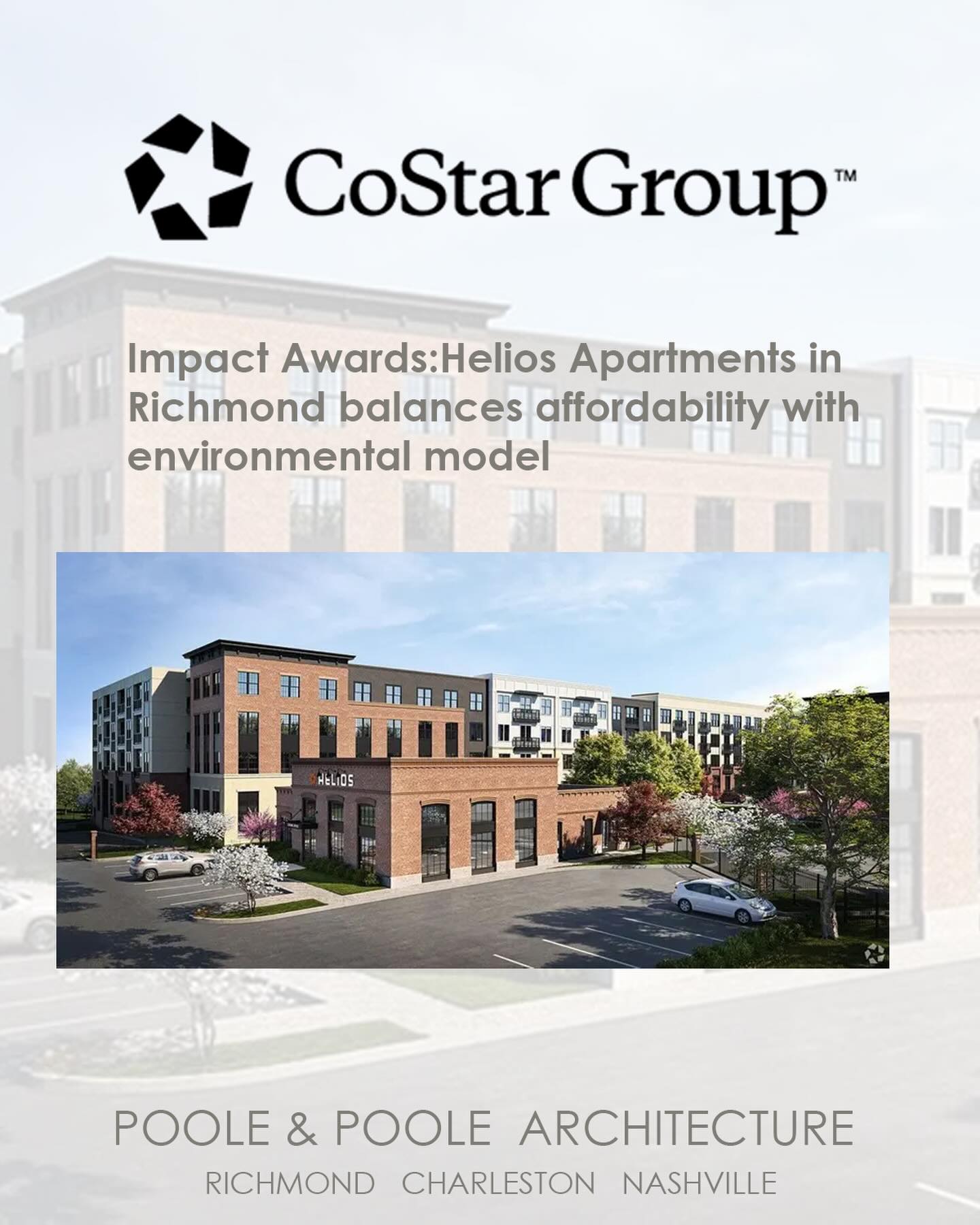 Honored to see Helios Apartments recognized in the 2026 CoStar Impact Awards; an inspiring example of how thoughtful design can support both affordability and sustainability.
At Poole & Poole Architecture, we’re proud to work with clients like Spy Rock on projects that brings environmentally conscious living and high-quality housing to the Richmond community at an affordable cost. Read about it at:
https://www.costar.com/article/1069560983/helios-apartments-in-richmond-balances-affordability-with-environmental-model