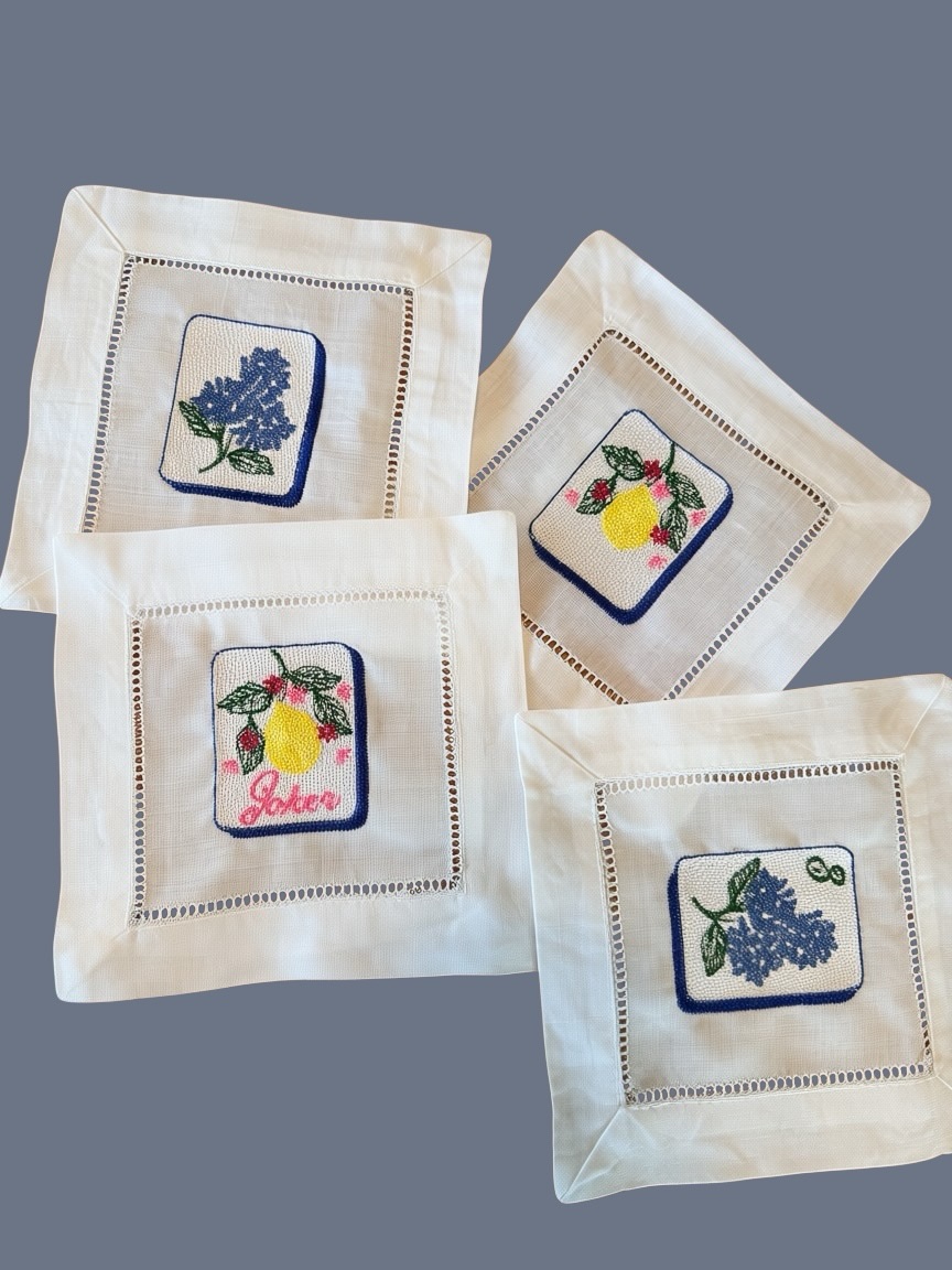 Bam!💥 Mahjong Ready! #mahjong #cocktailnapkins #riverfrontdesigncreations #customembroidery #embroidery