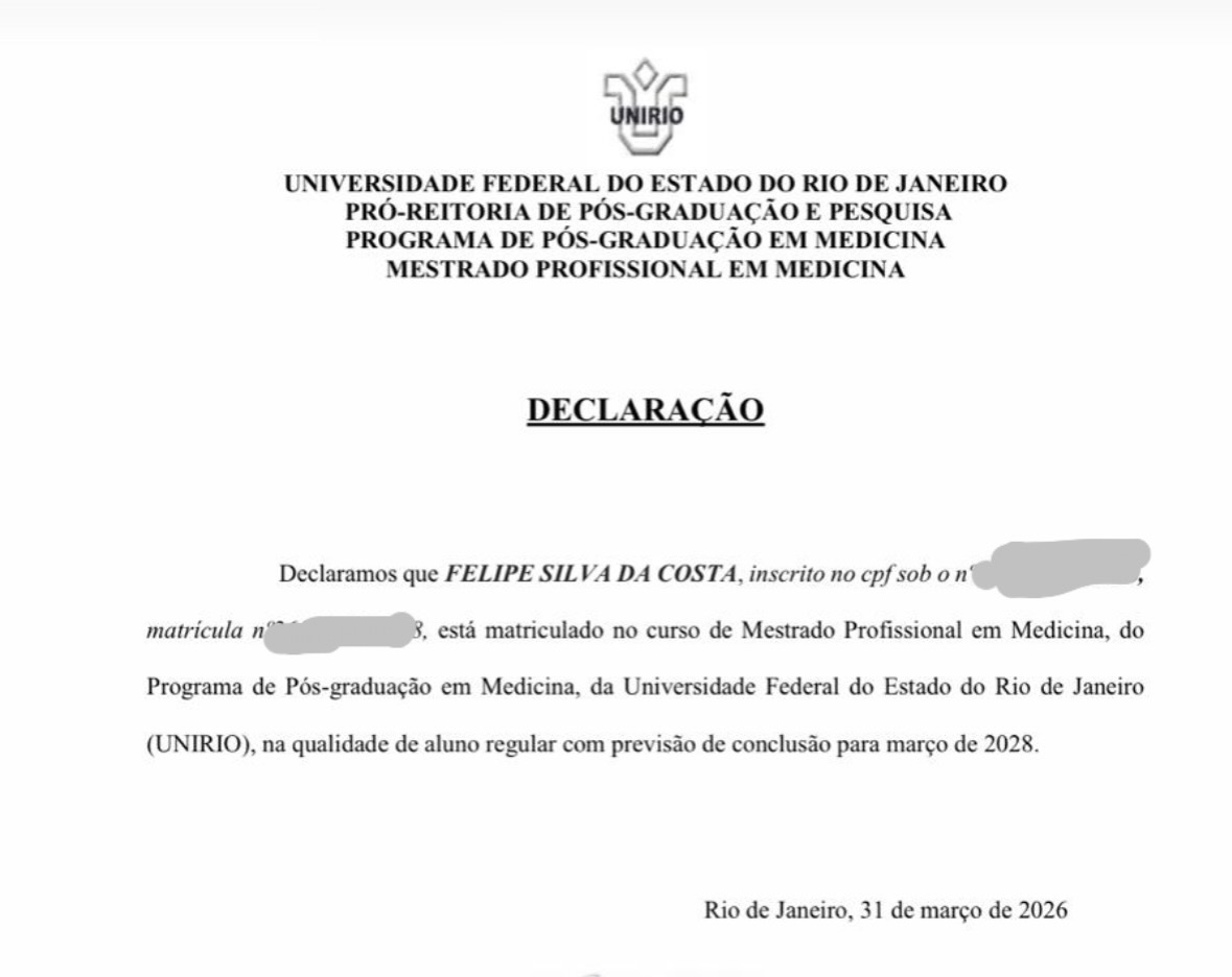 Depois de 23 anos desde a faculdade e de 18 anos desde o fim das residências médicas, o começo de uma nova fase, e fico feliz demais com isso.
Oficialmente matriculado no Mestrado Profissional em Medicina da UNIRIO.
Agradeço por esta oportunidade aos amigos que me incentivaram: @dr.marcosareas @dr_bernardobarros @huggvascular
E vamos em frente!