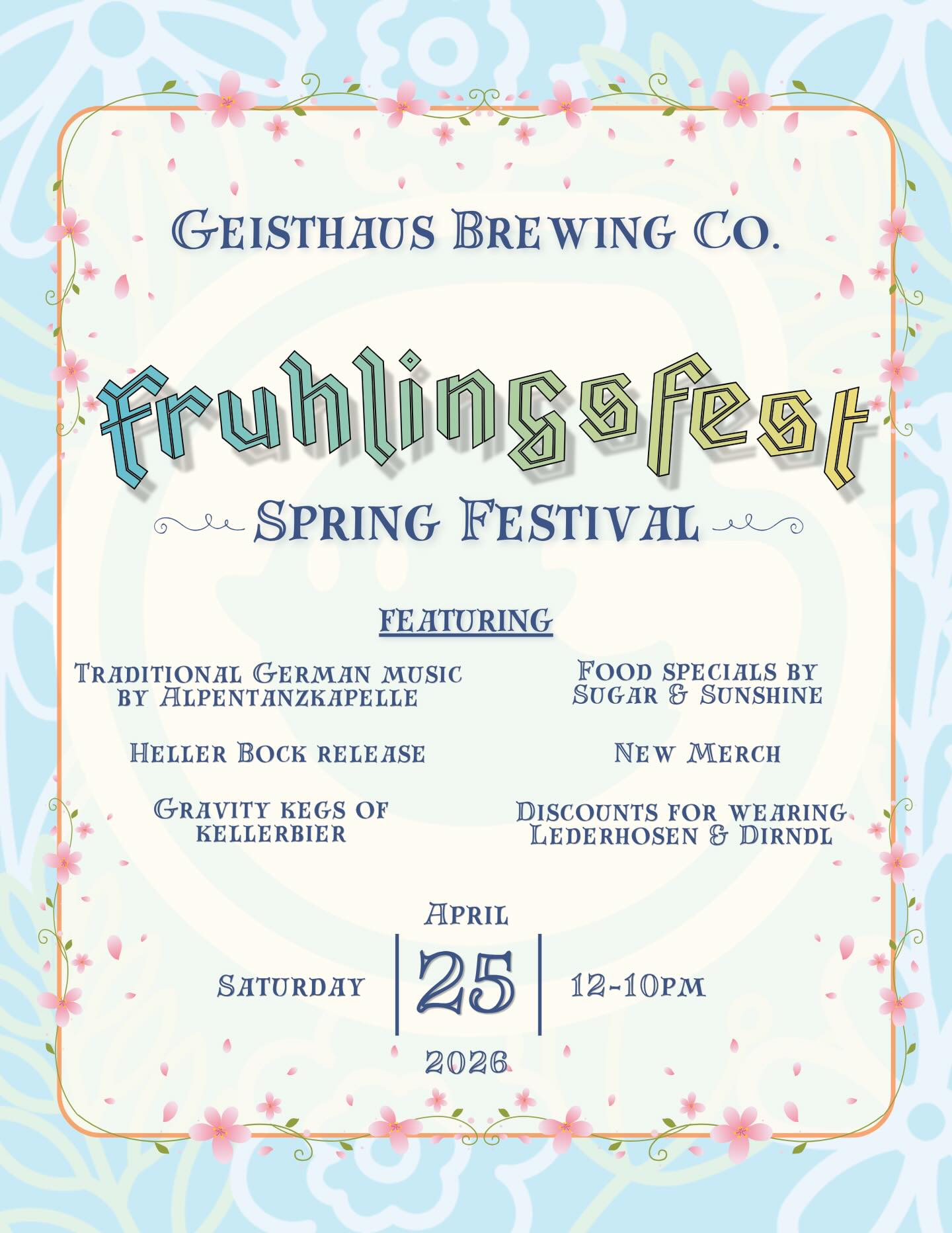 Mark your calendars, Frühlingsfest is making its return! Come join us Saturday, April 25th and celebrate the Spring season with all the vibes! German music, food, fresh Heller Bock, and more! Check back soon for more details!