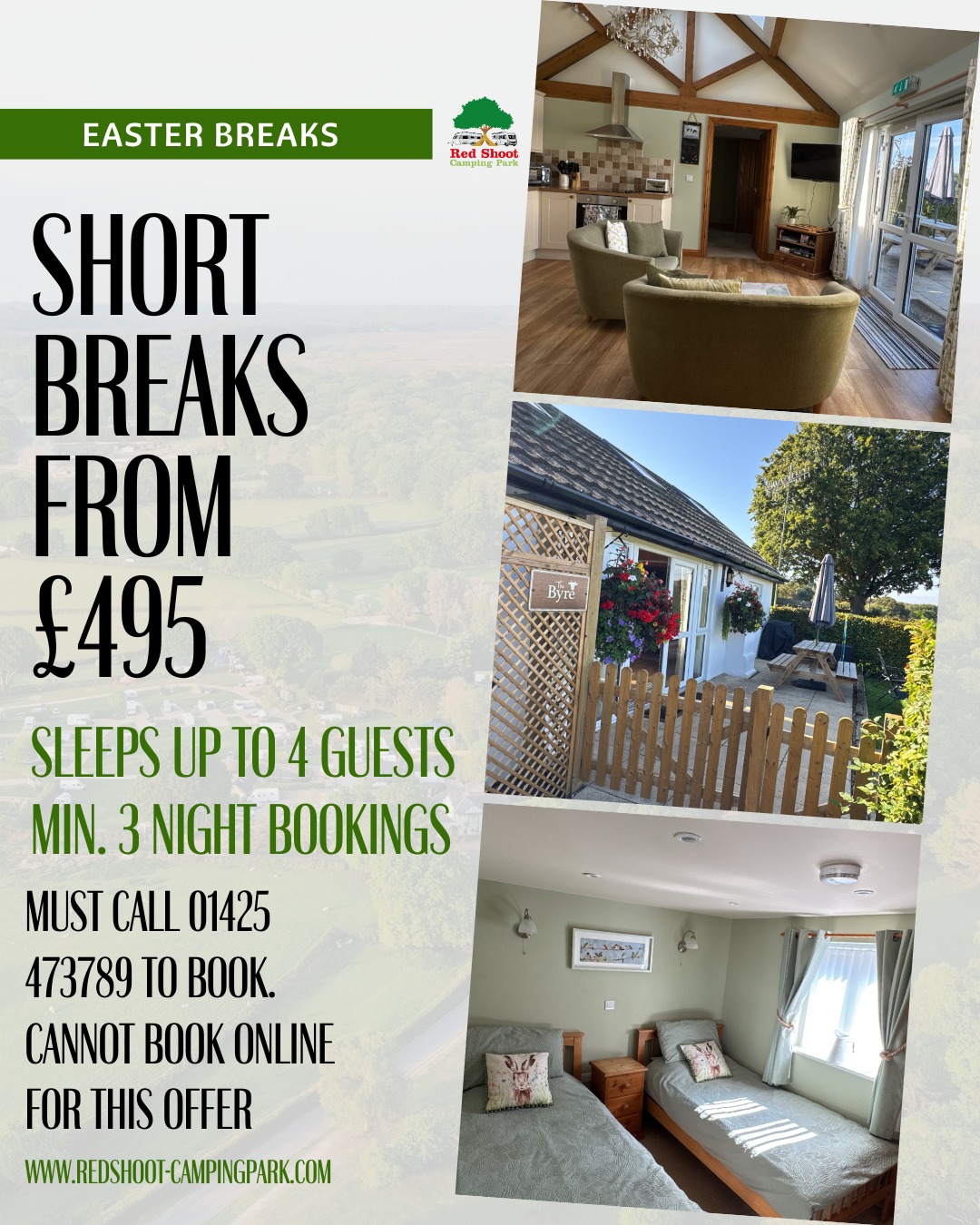 🌸 Easter Short Breaks at The Byre – from £495 🌸
Enjoy a relaxing Easter stay in The Byre, our cosy holiday cottage at Red Shoot Camping Park.
🏡 Sleeps up to 4 guests
📅 Minimum 3 night stay
🌿 Perfect for a New Forest getaway
📞 Call 01425 473789 to book
❗ This special offer is phone bookings only (Will not work with online bookings)
Limited Easter availability – book early to avoid disappointment!
