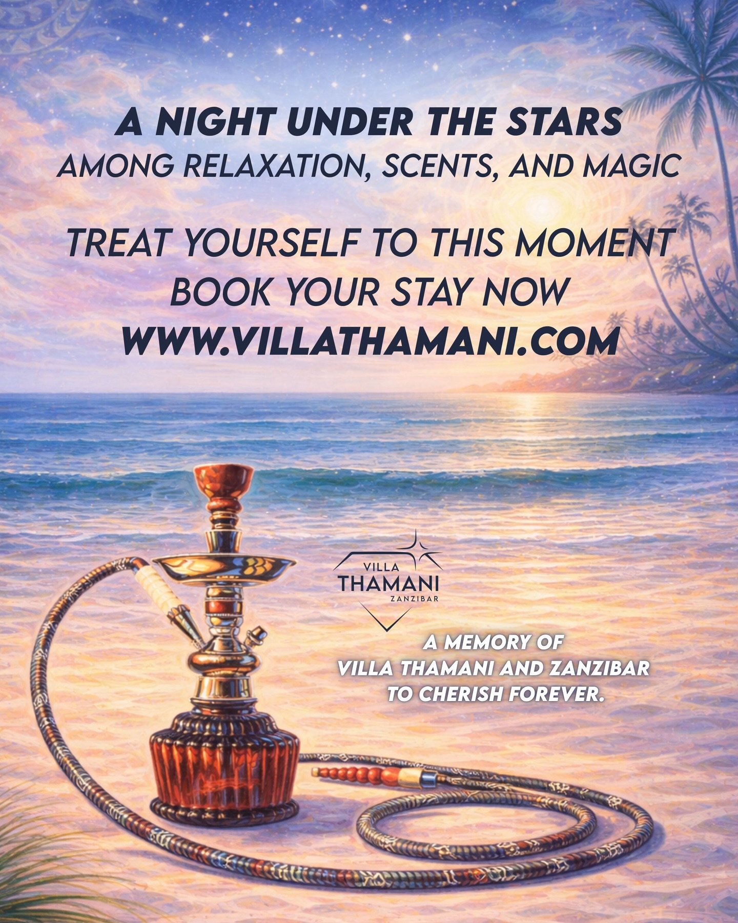 🇬🇧✨ New at Villa Thamani
You can now book your experience under the stars 🌙
Enjoy a unique atmosphere with soft lights, total relaxation, and a carefully prepared hookah.
A special moment to live and remember.
📩 Book your stay and discover the experience:
🌐 www.villathamani.com
⸻
🇮🇹✨ Novità a Villa Thamani
Ora puoi prenotare la tua esperienza sotto le stelle 🌙
Lasciati avvolgere da un’atmosfera unica, tra luci soffuse, relax e il piacere di un narghilè preparato con cura.
Un momento speciale da vivere e ricordare.
📩 Prenota il tuo soggiorno e scopri l’esperienza:
🌐 www.villathamani.com
