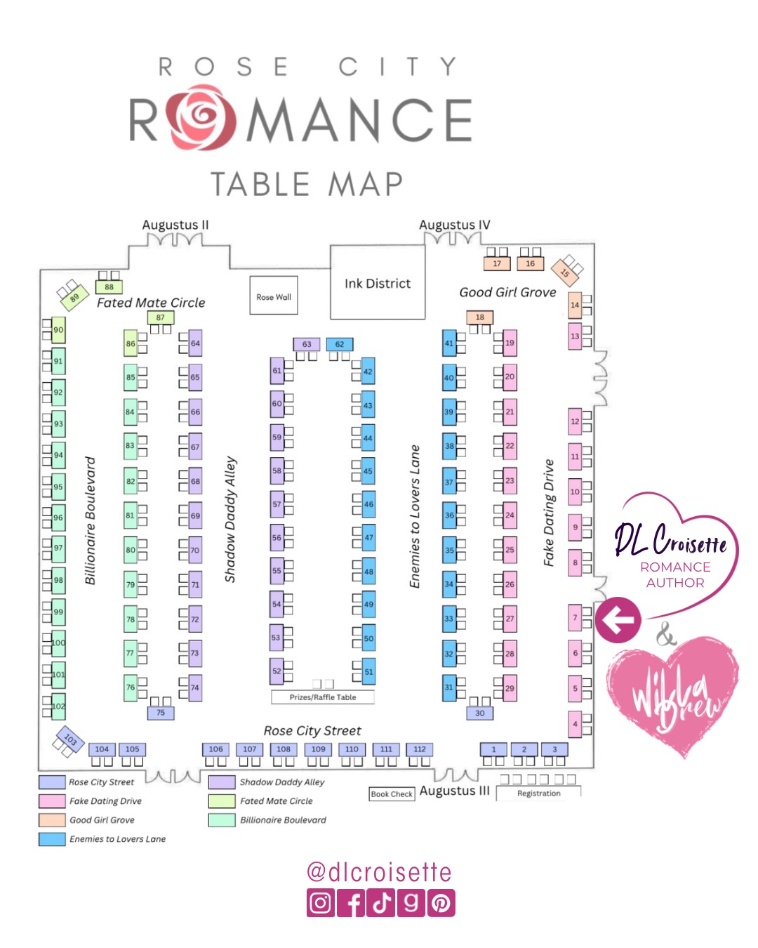 The official author table map for @rosecityromance is here! I’m super excited to be on Fake Dating Drive - so up my alley. Tee hee.
Books I’ll have at my table
DL Croisette
Ruby Red – Fake Dating a Cinnamon Roll
More Red – Love under pressure
Stolen Kisses, Roommates, & Small Towns – She’s his boss
The Quintessential Misadventure – Workplace romance
Willa Drew
Not A Fake Chance – Fake Dating a Billionaire
WE Blend – He Falls first and harder
Kisses, Lies, And Us – Hidden Identity
Star Struck – Brother’s best friend
Taming the Grumpy Bodyguard – Bodyguard romance
General Admission is $5
Will I see you at Rose City?