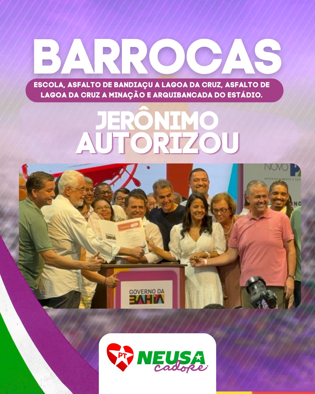 Barrocas segue avançando! ✅ Hoje, com o governador Jerônimo Rodrigues, foram autorizadas importantes obras para o município: construção de escola, asfaltamento de Bandiaçu a Lagoa da Cruz, de Lagoa da Cruz a Minação, e arquibancada do estádio. Mais educação, infraestrutura e esporte para o povo!
#JerônimoRodrigues #Barrocas