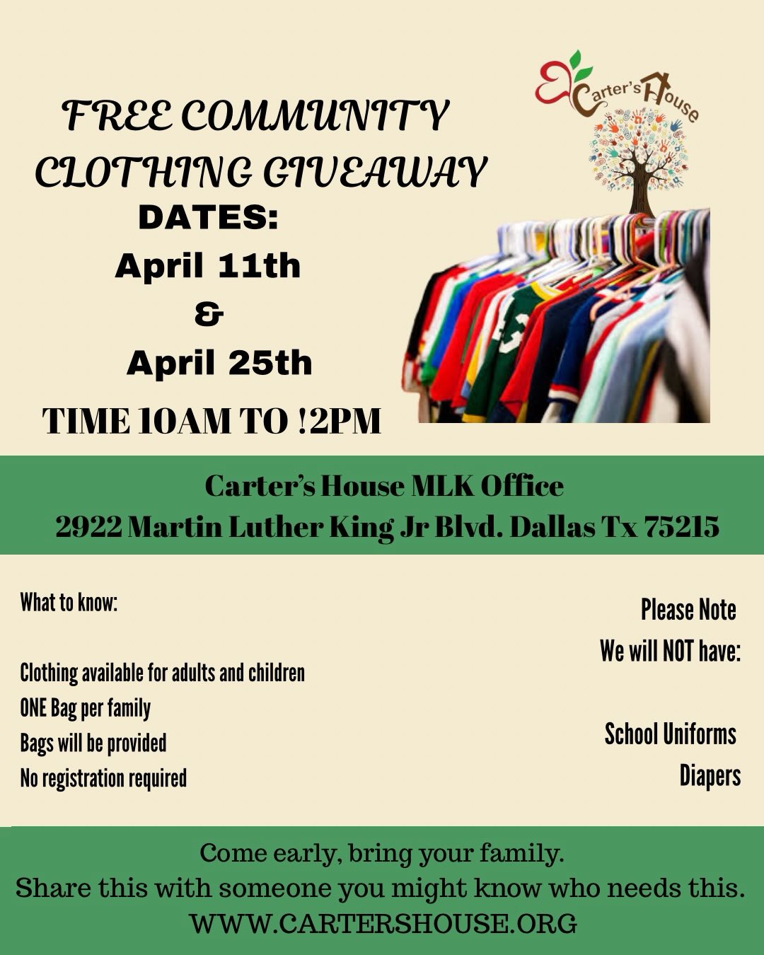 After an amazing turnout in February, we’re excited to host another FREE Community Clothing Giveaway for families in our community.
🗓️ Check the flyer for event dates & details
📍 Come ready to shop—no cost, just community
We’re here to make sure every family has access to the essentials they need.
❓Have questions? Reach out to us anytime
🔗 Learn more: Cartershouse.org
#CartersHouse #ThisIsCommunity #CHCares #DallasGiveback #FreeClothing CommunitySupport