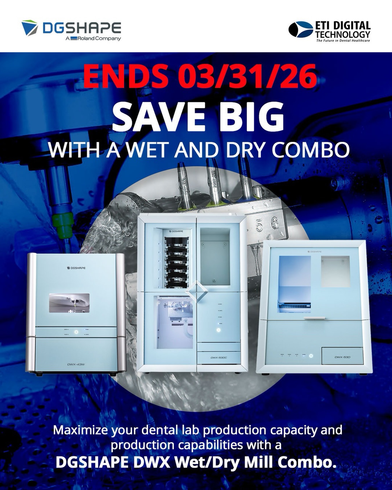 LAST CHANCE FOR THESE SPECIAL ROLAND “SAVE BIG WITH A WET AND DRY COMBO” COMBO OFFER!
.
Maximize your dental lab production capacity and production capabilities with a DGSHAPE DWX Wet/Dry Mill Combo. Choose your combo and save big today!
.
📚 Don’t miss out on these amazing Roland combo offers! They are only valid until March 31st, 2026! For more information on this promotion or our product line, contact ETI Digital Technology today at 714-238-1490 or sales@etidigitaltechnology.com or you can also visit our 🌐 website at https://www.etidigitaltechnology.com or more information!
.
#DentalCAD #SpecialPromotion #RolandDGA #DGSHAPEAmericas #Milling
