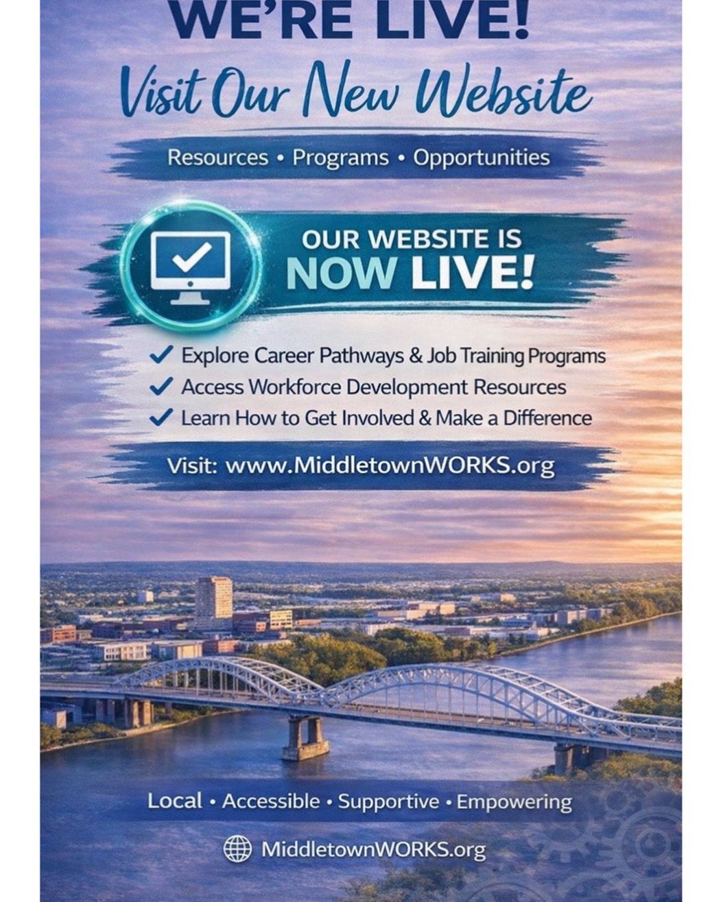 We’re live!!
Middletown WORKS was built with intention to remove barriers, expand access, and create real pathways to economic mobility for single parent families.
This is more than a program.
It’s a starting point, a support system, and a strategy for growth.
Whether you’re rebuilding, exploring, or ready for your next step — we’re here.
Start here:
🌐 MiddletownWORKS.org
.
.
#MiddletownCT
#EconomicMobility
#WorkforceDevelopment
#CareerPathways
#CommunityImpact
