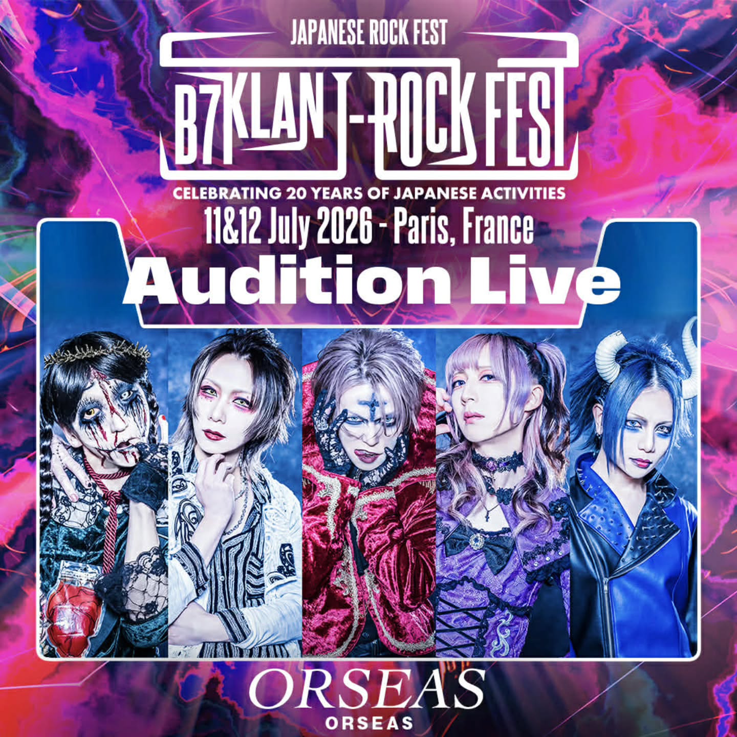 Discover the 3rd row of our live audition participate bands!
ORSEAS
A Romance of Light and Shadow
A band built around the concept of duality within human nature. With powerful, high-level vocals, emotionally resonant lyrics, and the solid musicianship of the instrumentalists, they create a rich sonic world where each member’s individuality shines brilliantly.
#b7klan
#b7klanjrockfest
#b7livecontest
#visualkei
#jmusic