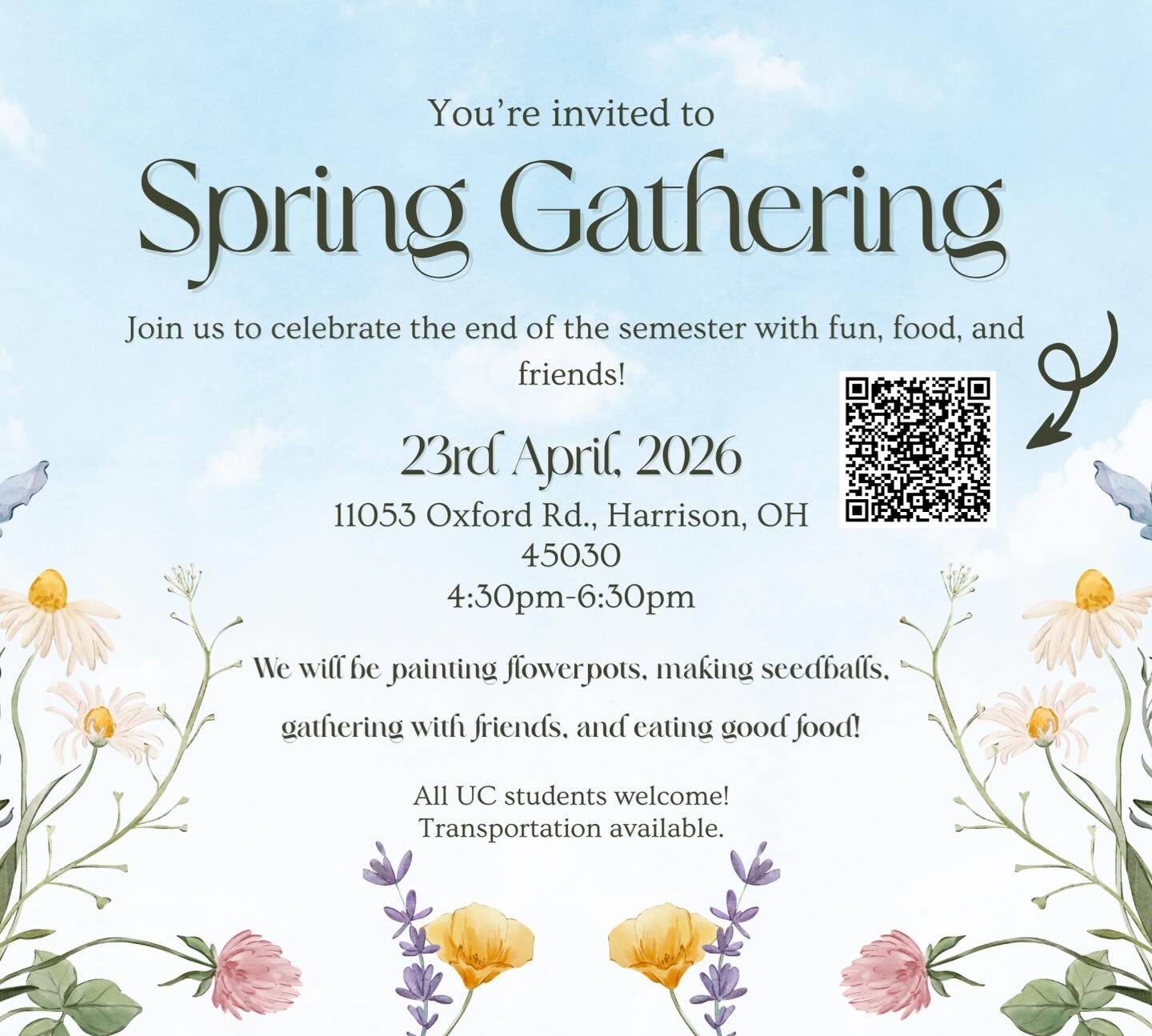 Join us and your peers for an end of semester and springtime celebration here at the Field Center!
Students are welcome to drive themselves, carpool or enjoy free transportation to and from campus. Register today and get ready to see what we have blooming!
This event is open to all UC students regardless of major- Registration also linked in Bio.