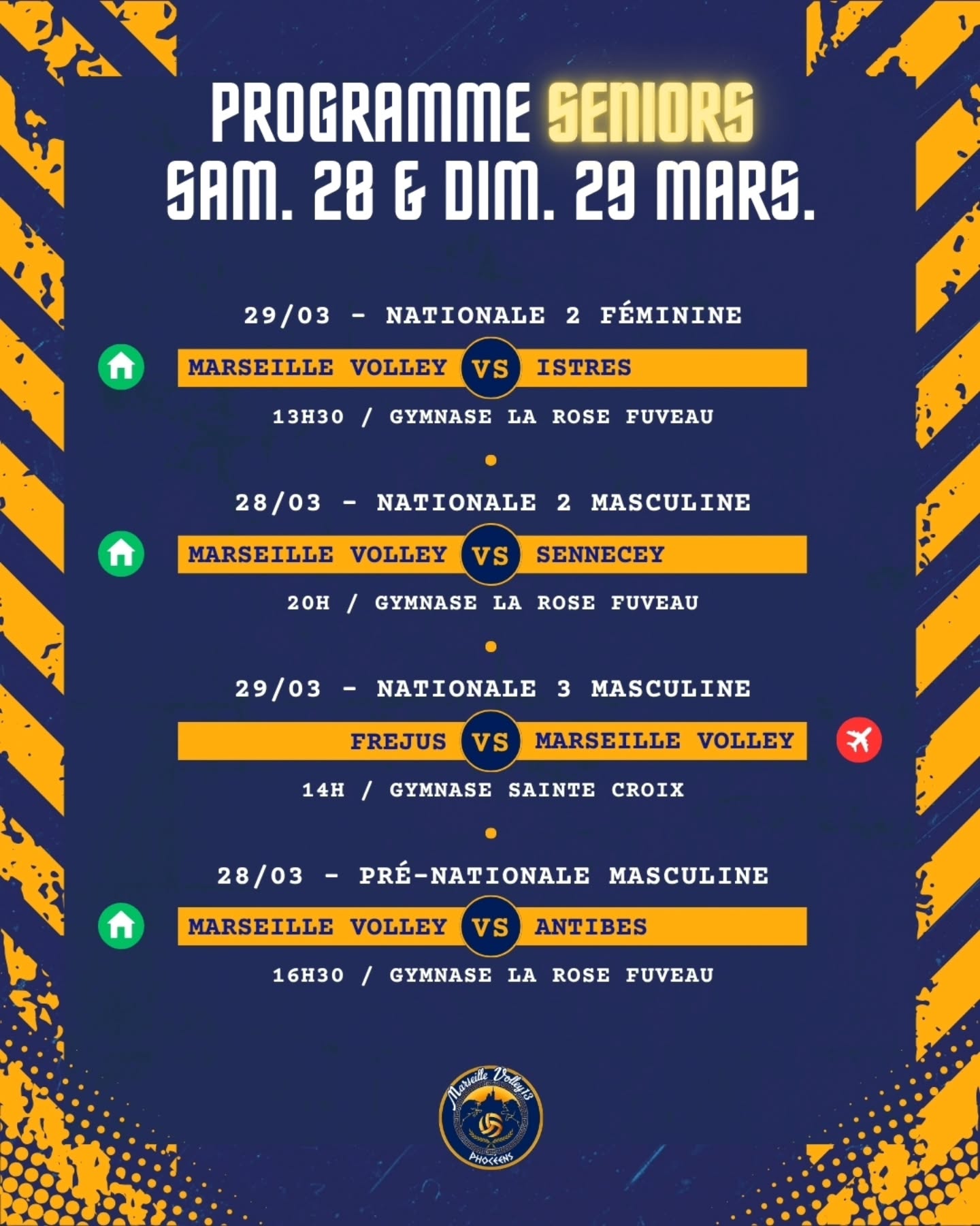 🔥 Nouveau week-end chargé pour Marseille Volley
Nos équipes seront sur les terrains ce 28 & 29 mars
Des matchs à domicile, des déplacements et de nombreuses belles rencontres au programme.
📍 Venez encourager nos équipes à La Rose, Gibraltar ou encore au Roy D'Espagne
👏 Force, passion et esprit d’équipe seront sur les terrains