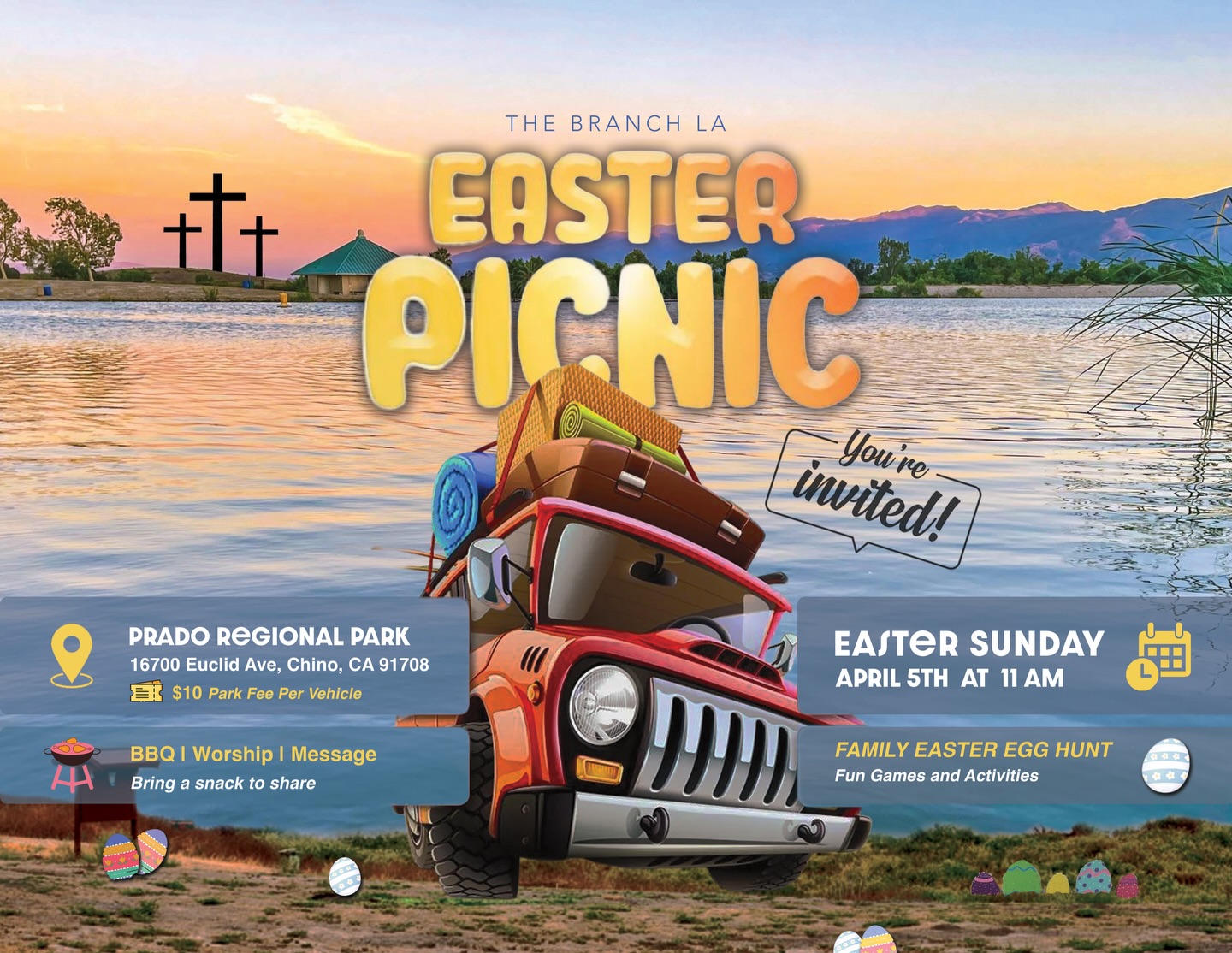 11 AM at Prado Regional Park in Chino 🧺🌊🛶 🏕️
Easter Egg Hunt 🐣🥚
.
.
Join us this Easter Sunday 🎤🎶
.
.
Note: there is $10 entry fee per vehicle
