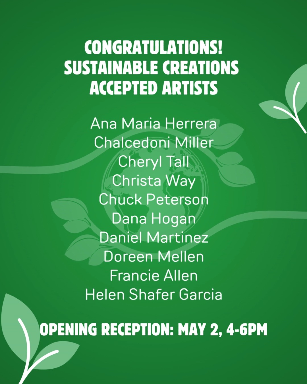 Congratulations to the 30 accepted Sustainable Creations artists! The opening reception is May 2, 4-6pm (open and free to the public); the exhibition runs through June 13. We can't wait to celebrate the talented sustainable art community!
@bluemonkeyarts @loonwithaloom @henstudio @lesliestorrierchavez @johnolvaneyart @marshasculpts @ana.herrera.art @fineartsculpt @scott_bruckner @orozcdesigns @corkdivine @francieallenart @pamelahuntlee @artby_loreque @marlenerantanen @martyo_fiberartist @bohoweaver @doreenmellen @cheryltallartstudio
#sustainableart #ecoart #localevents #gogreen #exhibitions #discoverinspirecreate #fallbrookart