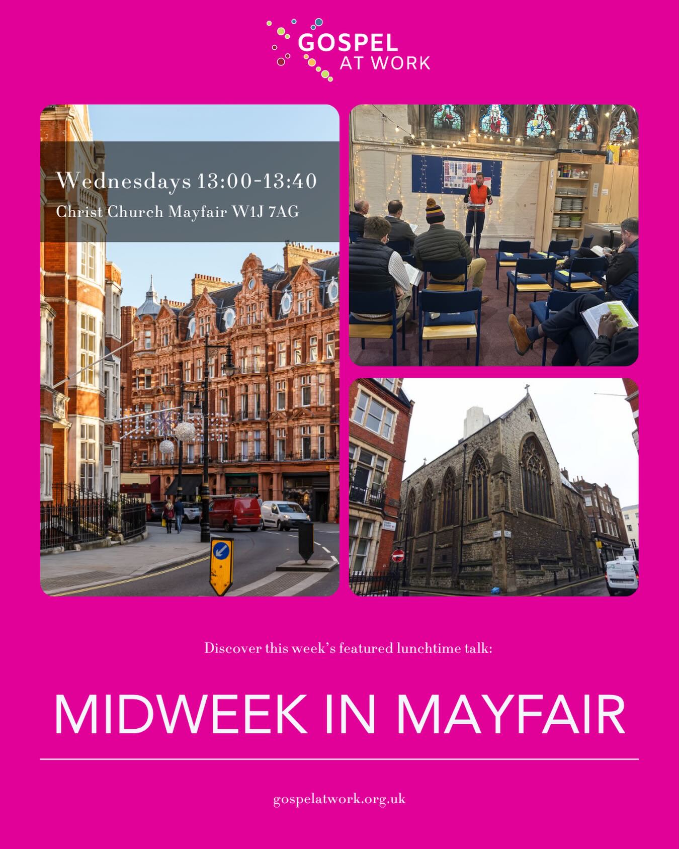 Midweek in Mayfair... This week’s featured lunchtime talk.
A lunchtime meeting on Wednesdays, in the heart of Mayfair. Our aim is to explain the gospel of Jesus Christ, to connect our faith with our work and to encourage one another as we do this. We welcome people from any background and at any stage of understanding – whether you’d call yourself a Christian, or you’re simply interested in finding out more about the Christian faith.
Join us this week for ‘How to finish the race’ a talk from Hebrews 1:1-2:4.
We’d love to meet you!
⌚ Wednesdays 13:00-13:40
📍Christ Church Mayfair W1J 7AG
✉️ jimmy.bell@midweekinmayfair.org
🙏 Men’s bible studies on Tuesdays 07:45-08:45
🛜 midweekinmayfair.org
#christians #london #mayfair #lunchbreak #faithatwork