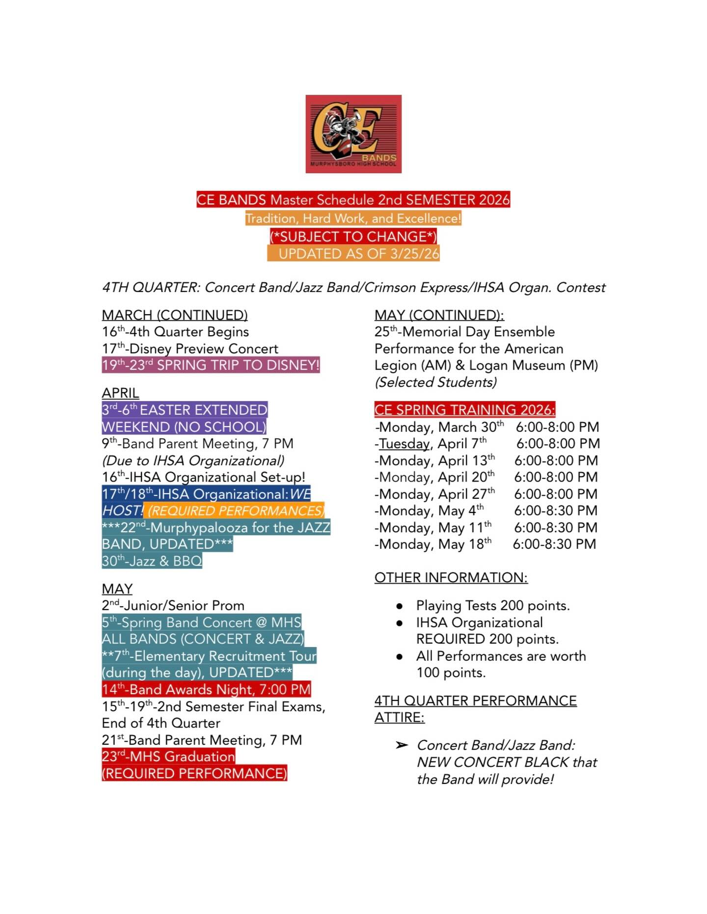 UPDATED 4th Quarter Master Schedule. Adjustments include Murphypalooza Jazz Band Tour (now April 22), the Elementary Tour (now May 7), and 2nd Semester Final Exams (now May 15-19). Please update your calendars accordingly. Thank you! Mr. W