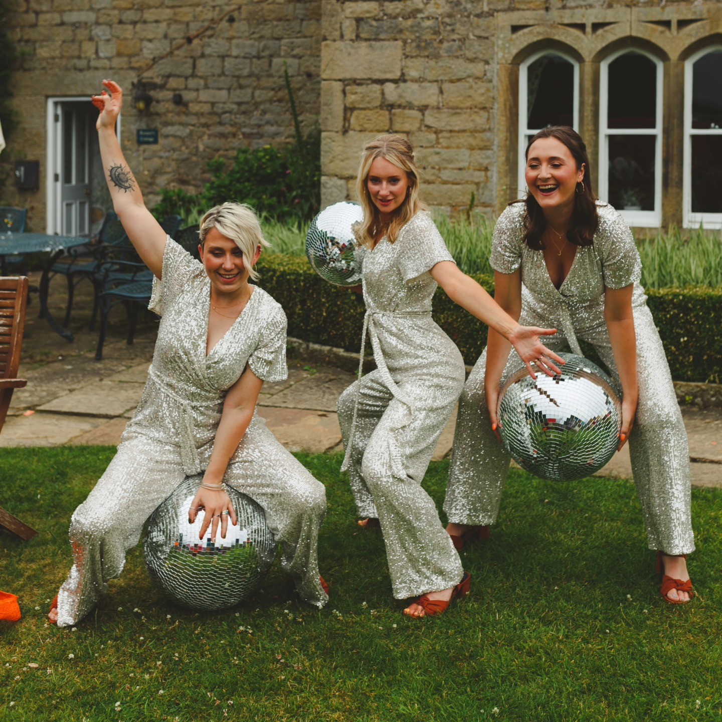 A carousel of sparkly bridesmaids and our sparkly disco balls from V&Rs amazing day last summer. I love everything about these 🤣✨️ (in fact, the whole wedding album is pure joy. Bravo @camerahannah)