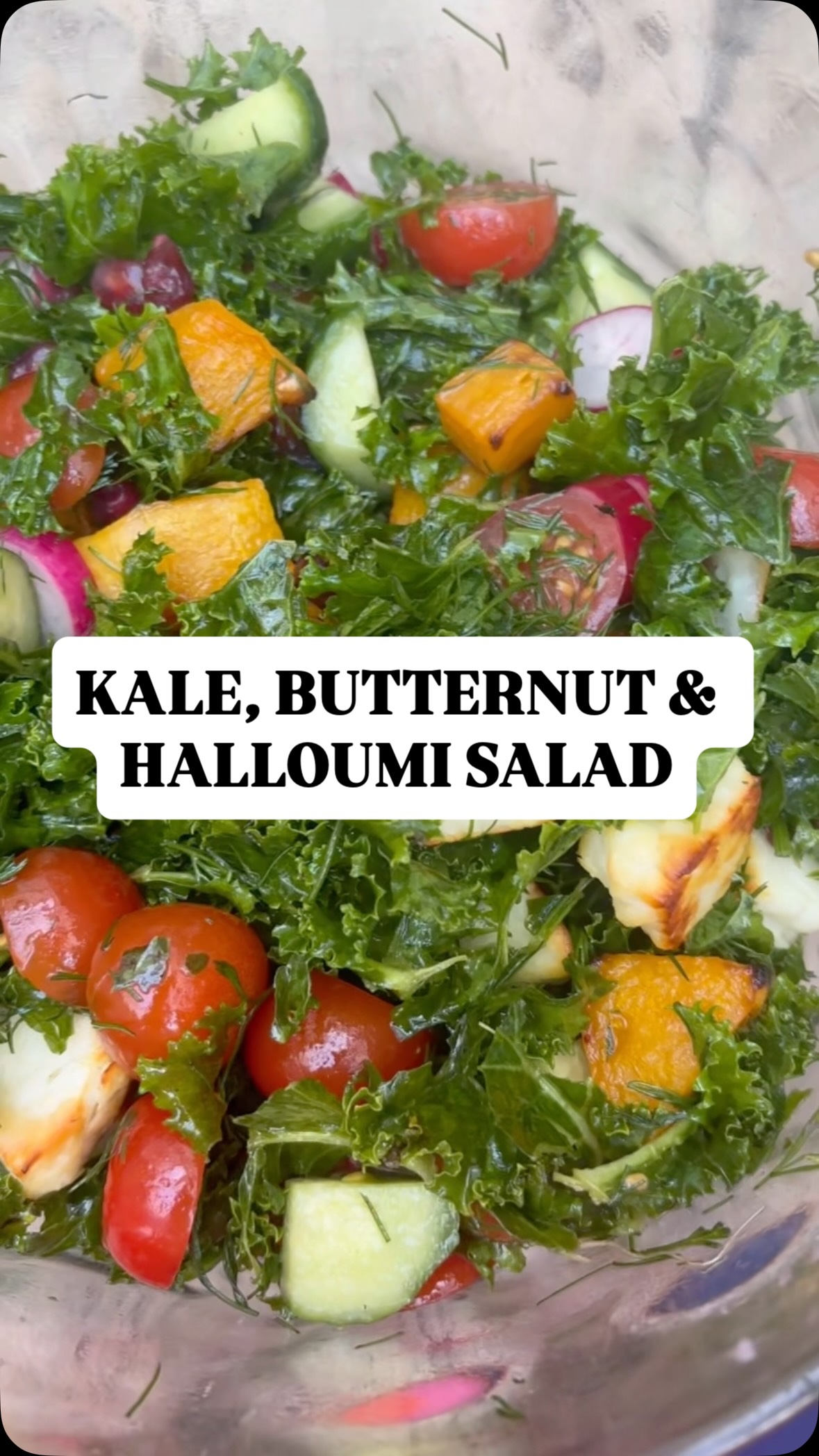 KALE, BUTTERNUT & HALLOUMI SALAD, with a hint of smut.
Recipe:
Kale
Butternut
Halloumi
Cherry tomatoes
Cucumber
Dill
Radishes
Dressing - olive oil & lemon
Roast the butternut 20 ish mins
Massage the kale to make it easier on the jaw
Chop ingredients and place in bowl
Fry or grill the halloumi - eat as soon as possible once it’s ready, otherwise it gets hard and horrible
Drizzle olive oil and lemon, mix and eat.
Let me know if you make it!