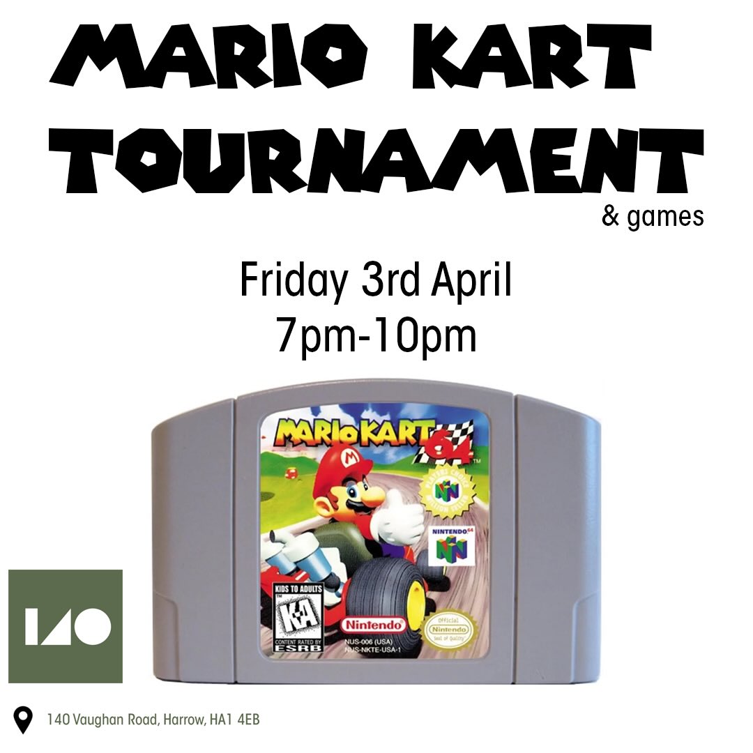 What better way to start the Easter weekend than our very first Mario Kart Tournament & games
📆 Fri 3rd April
⏱️ 7pm-10pm
📍oneforty - 140 Vaughan Road, HA1 4EB
✅ free
☕️🫖🍻🍷cafe/bar open
Get ready to race! 🚗🚙 Join us for our very first MarioKart Tournament & laid back gaming unless you’re ultra competitive! 😉
#westharrow #harrowonthehill #mariokartn64 #community