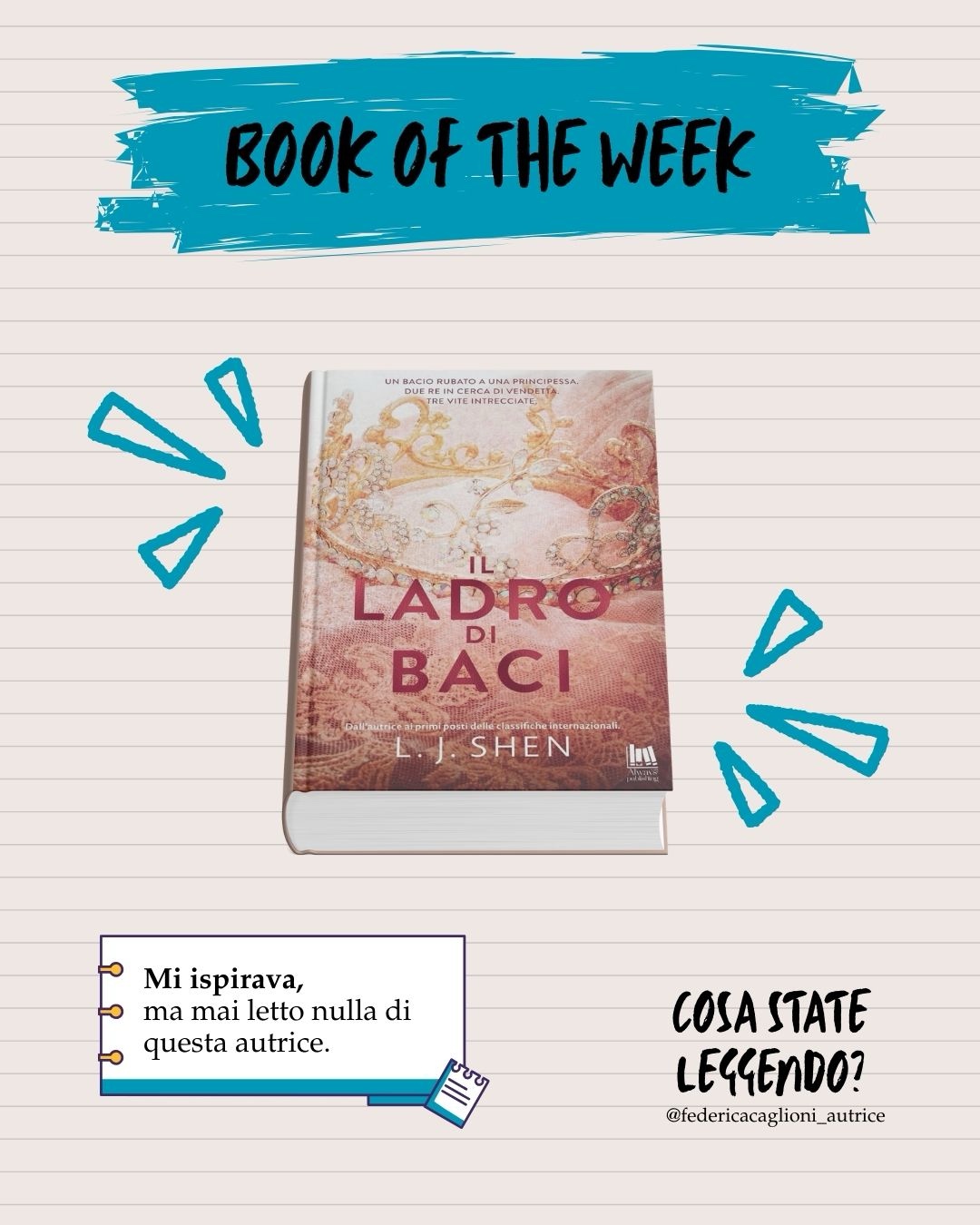 Preso al SalTo qualche anno fa ormai,
Il ladro di baci sarà il mio primo incontro
con la penna di L. J. Shein!
Speriamo bene 🤞
❓ Voi cosa leggete? Vecchie letture o novità?