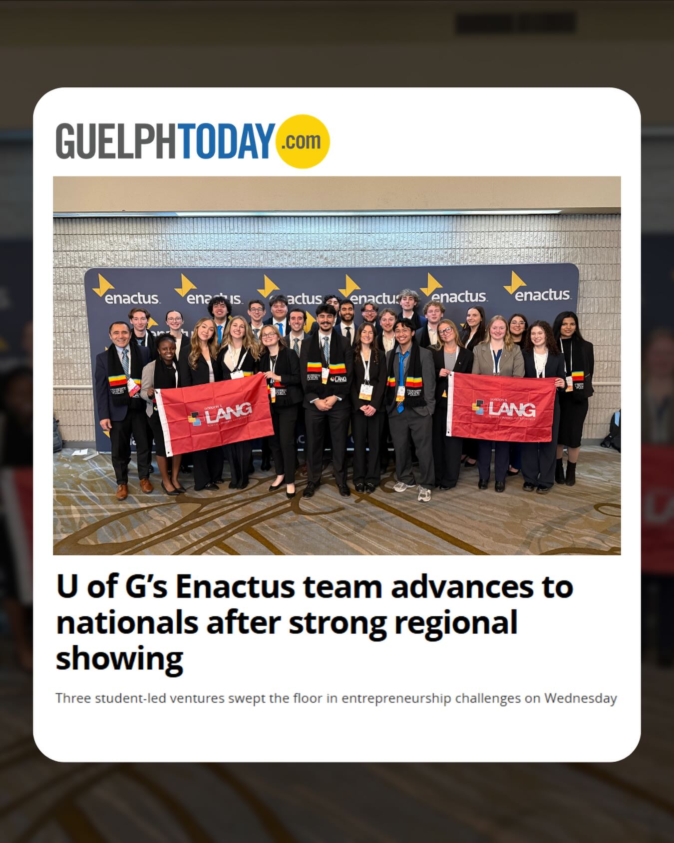 Enactus Guelph was recently featured by GuelphToday following our performance at Regionals, where we placed 1st in three categories and secured our spot at Nationals in Montreal this May.
🏆 Brewed Beauty – Sustainability Challenge
🏆 ReduX – Empowerment Challenge
🏆 seQUESTer (iGEM Guelph) – Innovation & Impact Challenge
Seeing three of our student-led ventures recognized at this level is a testament to the hard work, creativity, and commitment across our entire team.
A big thank you to GuelphToday for highlighting our story and helping share the impact of student entrepreneurship in our community.
Read full article, link in bio!
#enactus #enactusguelph #uofg #guelphtoday #lang