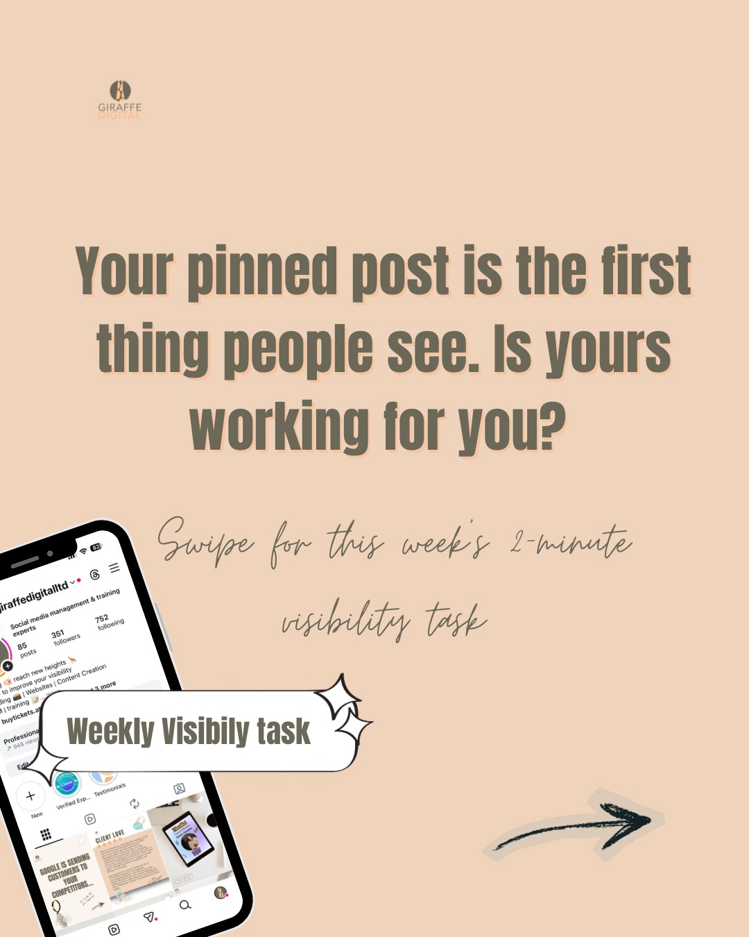 This weekâs visibility task takes less than 2 minutes, but most business owners havenât done it.
Swipe for all the details đđ»đđ»
It costs you nothing and it takes 2 minutes. Do it today.
We will be sharing a weekly visibility task every week to help business owners like you get seen, get known and get clients. Follow along so you donât miss one.
#WeeklyVisibilityTask #SmallBusinessMarketing #GiraffeDigital #InstagramTips #BusinessVisibility