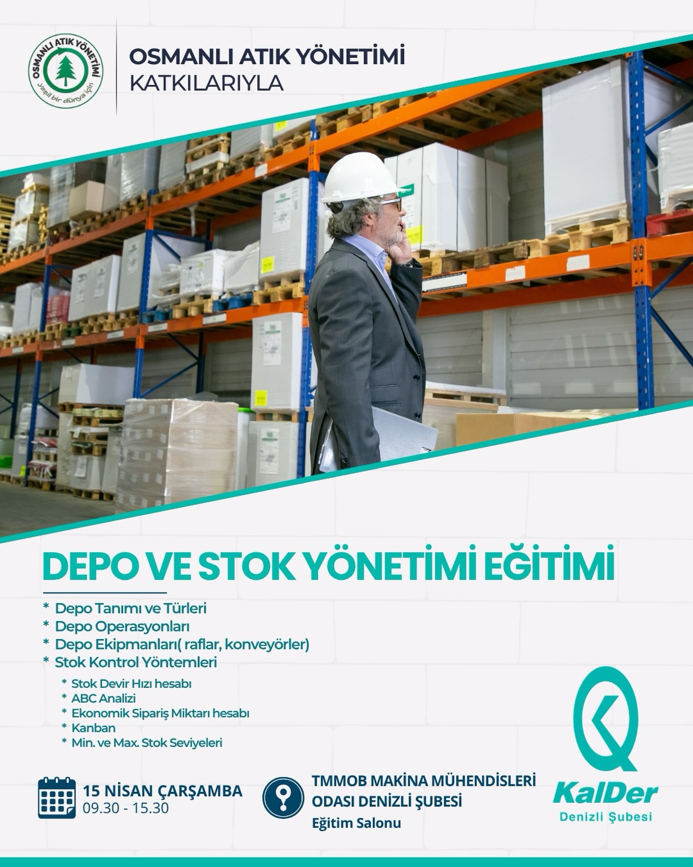 KalDer Üyelerimize Özel Ücretsiz: Depo ve Stok Yönetimi Eğitimi 🚀
Depo ve stok süreçlerinde verimliliği artırmak, kaynakları daha doğru yönetmek ve operasyonel başarıyı sürdürülebilir hale getirmek isteyen üyelerimiz ile bir araya geliyoruz.
Üyemiz Osmanlı Atık Yönetimi katkılarıyla, eğitmenimiz Bahar Er ile gerçekleştireceğimiz Depo ve Stok Yönetimi Eğitimi’nde; depo yönetiminin temel yapısından operasyonel işleyişe, depo ekipmanlarından stok kontrol yöntemlerine kadar pek çok başlık kapsamlı şekilde ele alınacak.
🔍 Eğitimde Neler Var?
• Depo tanımı ve türleri ile güçlü bir temel
• Etkin depo operasyonları ve işleyiş süreçleri
• Depo ekipmanları (raflar, konveyörler) ile verimli alan kullanımı
• Stok kontrol yöntemleri ile doğru karar mekanizmaları
• Stok devir hızı hesaplama ile performans takibi
• ABC analizi ile önceliklendirme
• Ekonomik sipariş miktarı (EOQ) ile maliyet optimizasyonu
• Kanban ile minimum–maksimum stok seviyeleri yönetimi
📅 Tarih: 15 Nisan Çarşamba
🕘 Saat: 09:30 – 15:30
📍 Yer: TMMOB Makina Mühendisleri Odası Denizli Şubesi Eğitim Salonu
📌 Eğitim yüz yüze gerçekleşecektir. KalDer üyelerimize özel ve ücretsizdir.
📌 Eğitim sonrası katılım sertifikası verilecektir. Eğitimin sonuna kadar kalınması gerekmektedir.
📌 Kontenjan sınırlı, kayıt zorunludur. Katılmak için bio’da yer alan formu doldurabilirsiniz.
#KalDer #KalDerDenizli #depovestokyönetimi #eğitim