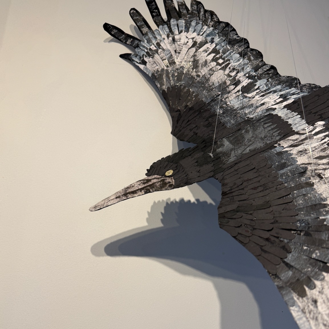 My most recent body of work has been created while I have been on the wonderful @bridge_house_art in Ullapool, over the winter of 25/25. It focuses on the village’s rooks. These amazing birds can live up to twenty years and are very gregarious, gathering in ‘parliaments’ or ‘congregations’ on trees and rooftops.
With a wingspan of nearly a metre, they have a habit of soaring high in large flocks known as ‘weddings’, which some believe to indicate fair weather coming.
I have been seeing these rooks every day and have been fascinated by their constant motion and clamour, and the magical world they create above our heads. In my response to this phenomenon, I have experimented with mark-making, photography and mono-printed collage papers. While combining these in both 1D and 3D pieces, I have developed my understanding of the power of multiples and scale. I have aimed for simplicity through a limited colour palette and through cleanness of shape and line. I have also enjoyed exploring shadow and kinetic movement as additional players in my work.