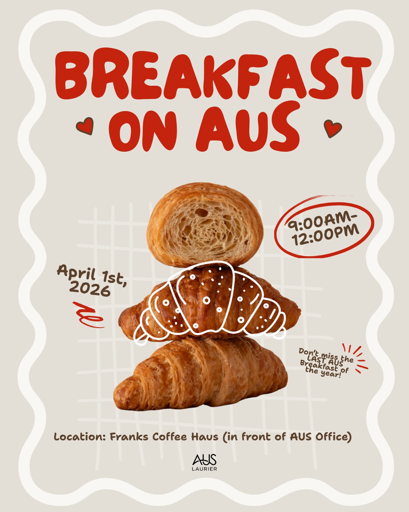Hey hey Golden Hawks!!! Guess what? It’s time for one last AUS Breakfast for the year!! ☕️☀️ Come by the AUS office near Franks Coffee Haus on April 1st from 9AM-12PM for that delicious breakfast we all love! 😋 And although it’s the last breakfast of the year, we’ve got more coming next year!! 🥐
We can’t to see you all bright and early! ❤️🤍🖤
#breakfastonaus #breakfast #brightandearly #auslaurier