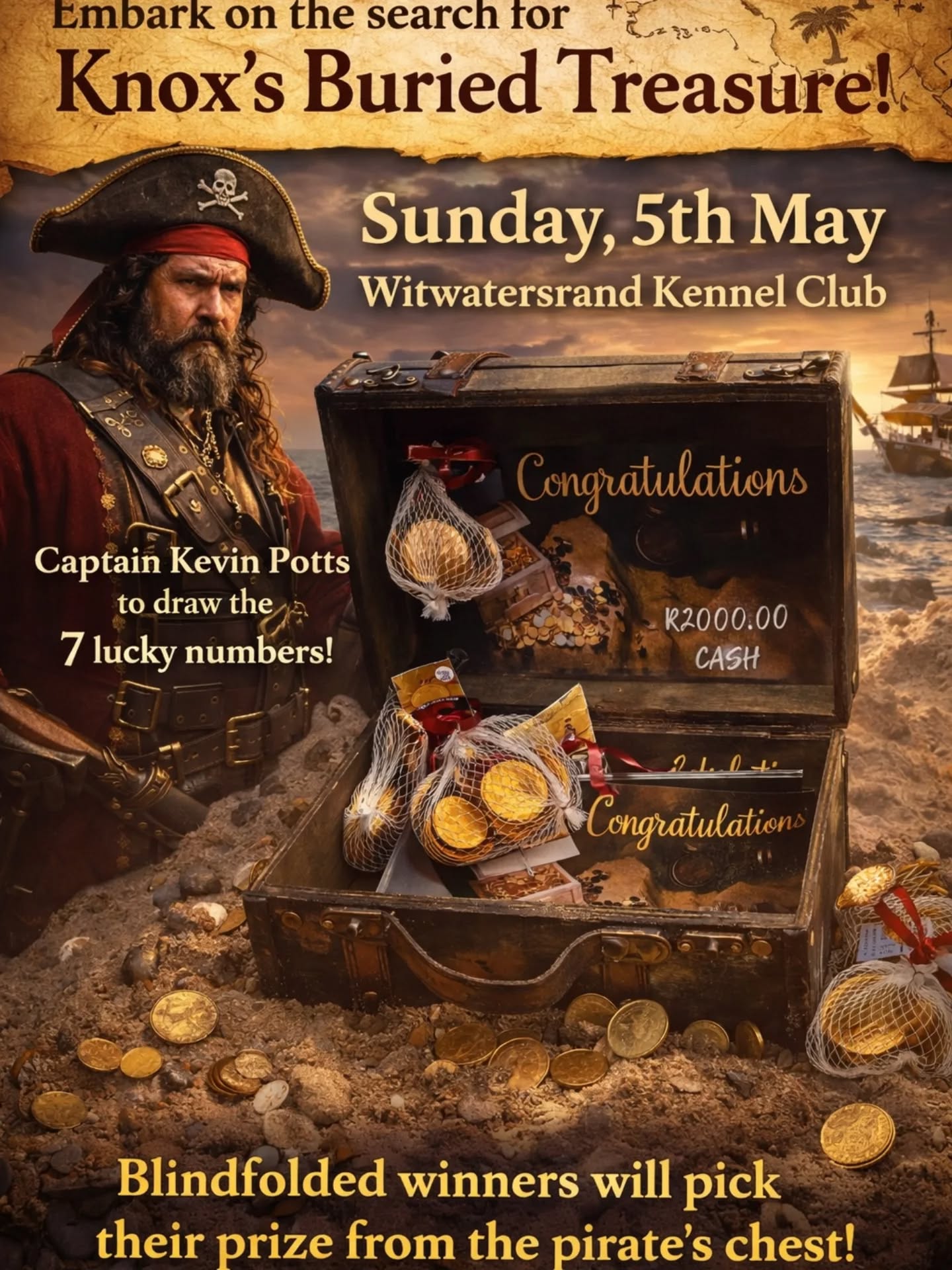 Ahoy there, fellow adventurers! 🏴☠️
The time has come to set sail on a grand quest…
On Sunday, 5th May, just before the grand spectacle of Best in Show at the Witwatersrand Kennel Club, a legendary treasure hunt will unfold…
Deep within a weathered chest, brimming with gold and secrets untold, lies the Knox Fundraiser Raffle Treasure. Only the bold—and the lucky—shall claim its riches!
Guiding this voyage is none other than Captain Kevin Potts, master of chance and keeper of fate. With a steady hand, he will draw 7 lucky numbers from the depths of destiny itself.
But beware… this is no ordinary prize giving.
Each chosen soul will be blindfolded, just like a true pirate cast into the unknown, and led to the treasure chest. With no sight to guide them, they must reach in and claim their fortune—be it glittering gold, hidden gems, or a prize fit for a champion’s crew!
Will you uncover the ultimate bounty? Or will fate have a different treasure in store?
⚓ Join us for the adventure
🏴☠️ Embrace the mystery
💰 And stand a chance to claim your share of Knox’s buried treasure
The chest awaits… and the tide is turning.
X marks the spot. Will you be one of the lucky seven? Tickets still available. You got to be in it to win it.
#worldchallengeoftopdogs2026 #wds2026 #teamKnox