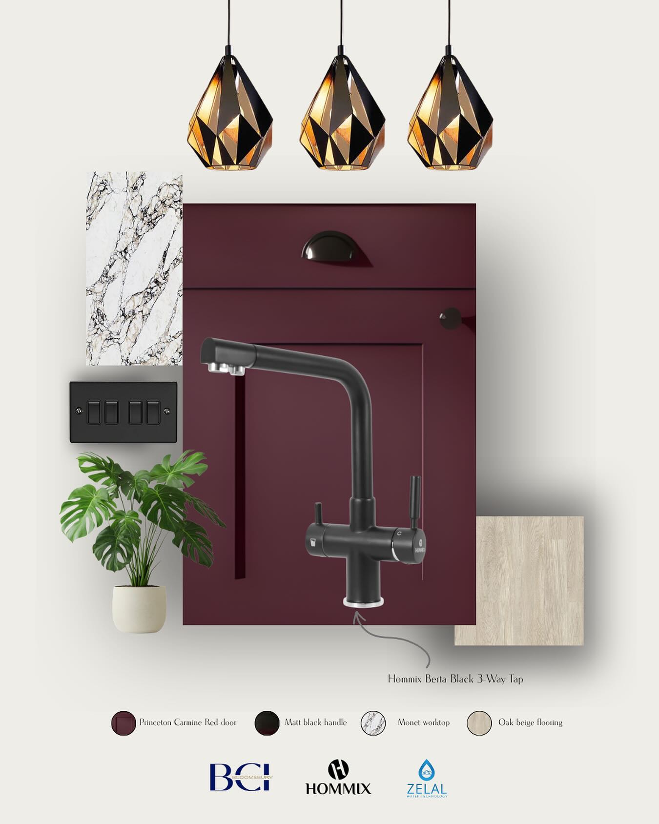 Where bold design meets everyday function. 🖤✨
This scheme pairs a rich carmine red door with sleek matte black fixtures, creating a striking focal point that feels both modern and timeless. The faceted pendant lighting adds warmth and depth, while the marble worktop introduces natural movement and texture. Balanced with soft oak flooring and touches of greenery, the overall look feels grounded, refined, and effortlessly inviting.
It’s all about contrast—dark vs light, smooth vs textured, statement vs subtle—working together to create a space that feels considered from every angle. Finally, we have paired it with Hommix Berta 3 way tap to finish off the design.
#InteriorDesign #KitchenDesign #ModernInteriors #DesignInspiration #MaterialPalette #HomeDetails #LuxuryInteriors #contemporarydesign