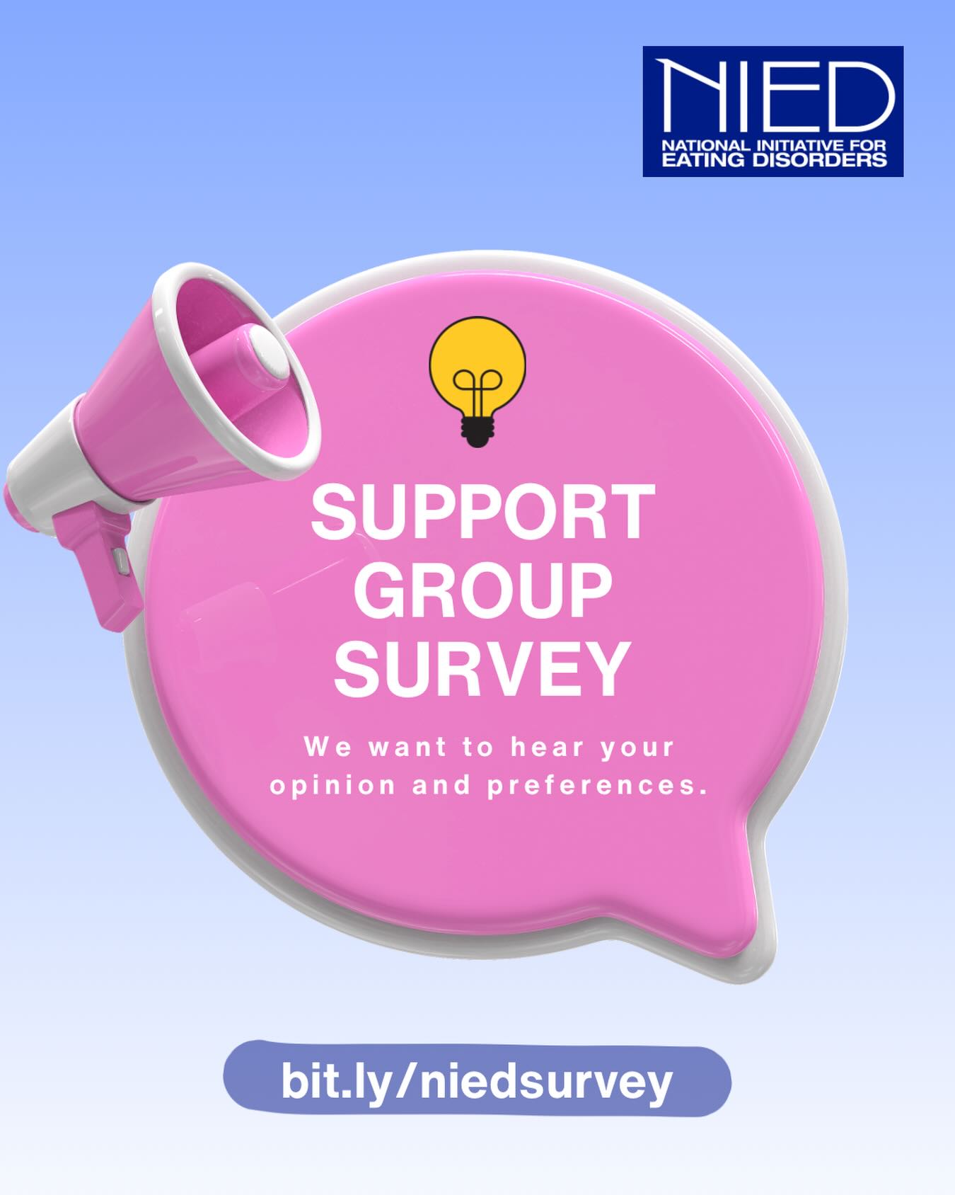 š¢ Weāre conducting a short survey on support groups in order to serve you better!
We want to hear from you about times that work best for virtual support groups, what you want to see, and barriers to joining a support group.
Fill out the short survey at bit.ly/niedsurvey