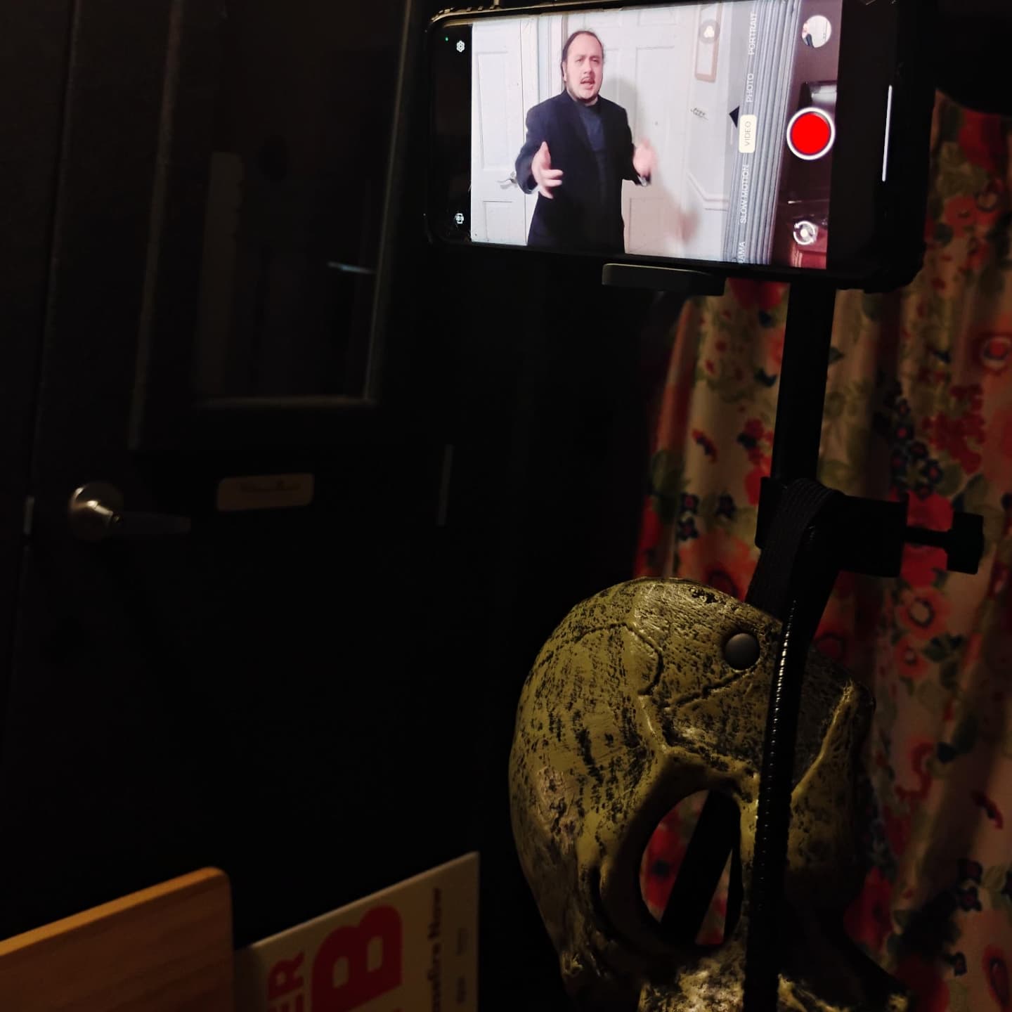Self taping for a commercial audition! I can't tell you what it's for, but I can tell you that this cat started playing with a squeaky toy during my best take.
Business up top, cat party below. Also, skull mask.
