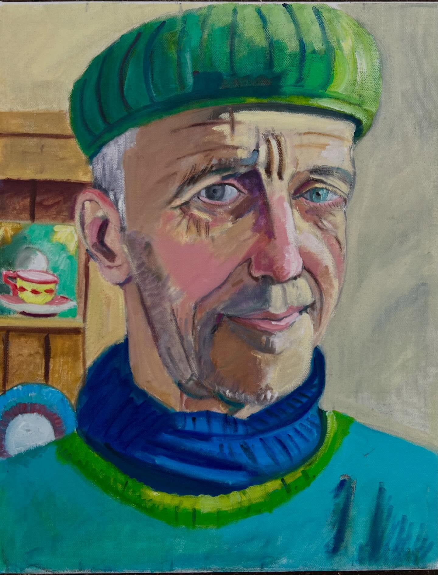 Self portrait in green hat. I don’t often paint self portraits but this is a recent one . The hat was knitted for me by my wife. #selfportrait #oiloncanvas #greenhat #manwithahat #portrait