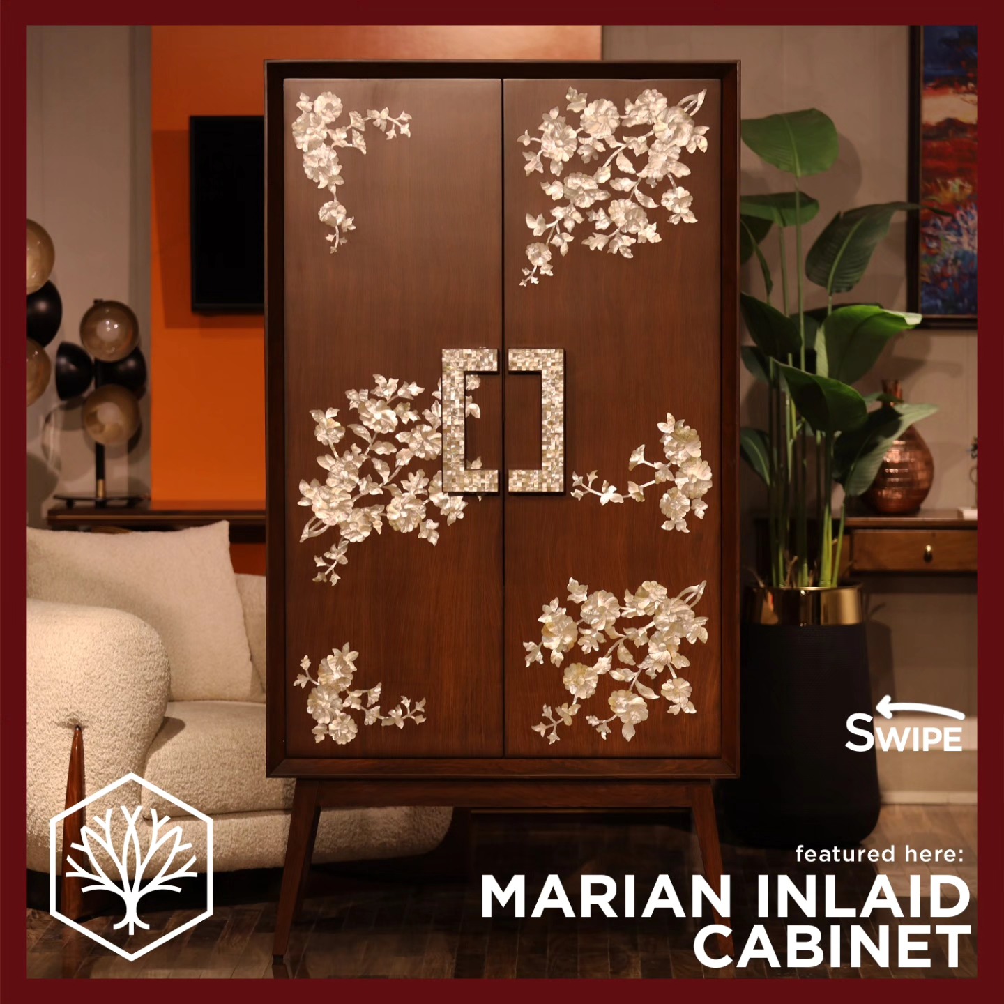 Handcrafted from premium sheesham wood, the Marain cabinet is enriched with intricate mother-of-pearl inlay and a finely crafted handle. Designed to add timeless character to your home, it enhances both beauty and warmth in any setting. Adorned with delicate floral motifs inspired by nature and heritage yet reimagined with a modern touch, this piece bridges tradition and contemporary elegance. A brass-framed handle, also inlaid with mother-of-pearl, completes the design—making the Marain cabinet a true collectible masterpiece.