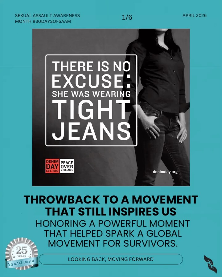 This SAAM we’re honoring a milestone, moment, AND leader that helped spark a global movement for survivors. Patricia Giggans (@pattipov), Denim Day Founder & Executive Director of @peaceovrviolnce. What began as a protest has grown into Denim Day, a worldwide campaign challenging victim-blaming and standing in solidarity with survivors.
Join us on April 29 by wearing denim to help raise awareness.
#DenimDay #30DaysOfSAAM2026 #BelieveSurvivors #EndSexualViolence @nsvrc #Day2