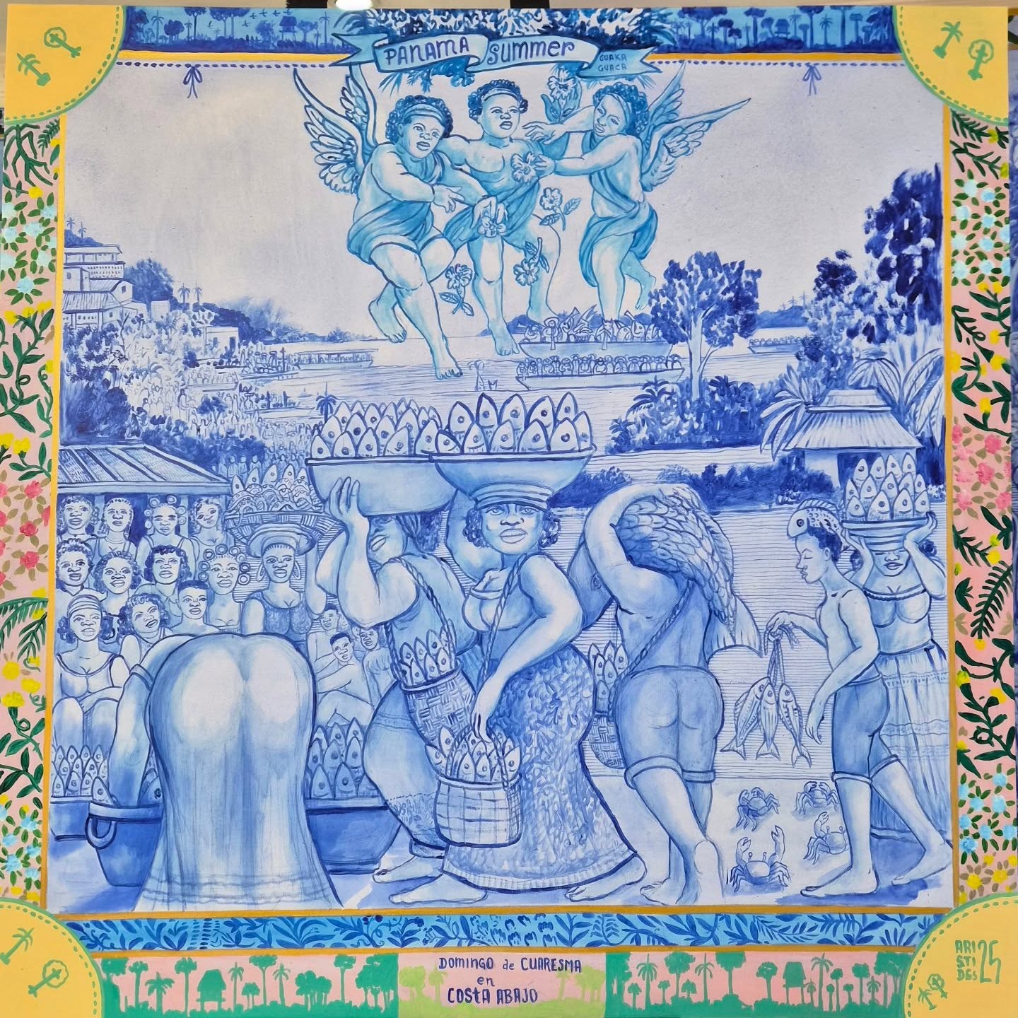 Aristides Ureña Ramos
Título: Domingo de Cuaresma en Costa Abajo
Ciclo pictórico Panama Summer
Serie Guaka Guaca
Año 2025
Dimensiones 150 x 150 cms.
Técnica Acrílico
La serie Guaka Guaca se refiere a la expresión popular "huaqueo", entendida como aquella profesión que profana tumbas para encontrar tesoros.
De esta manera Aristides nos dice que ha dejado discursos en el tintero, tesoros muy dentro de sí que ahora busca en lo profundo de su ser como artista maduro y de experiencia.
Aristides presenta escenas de la cultura afrodescendiente remarcando que él proviene de los litorales de Montijo en Veraguas, tierra de tambores, cantalantes y cuentos orales que han sido el pavimento de su trabajo por décadas.