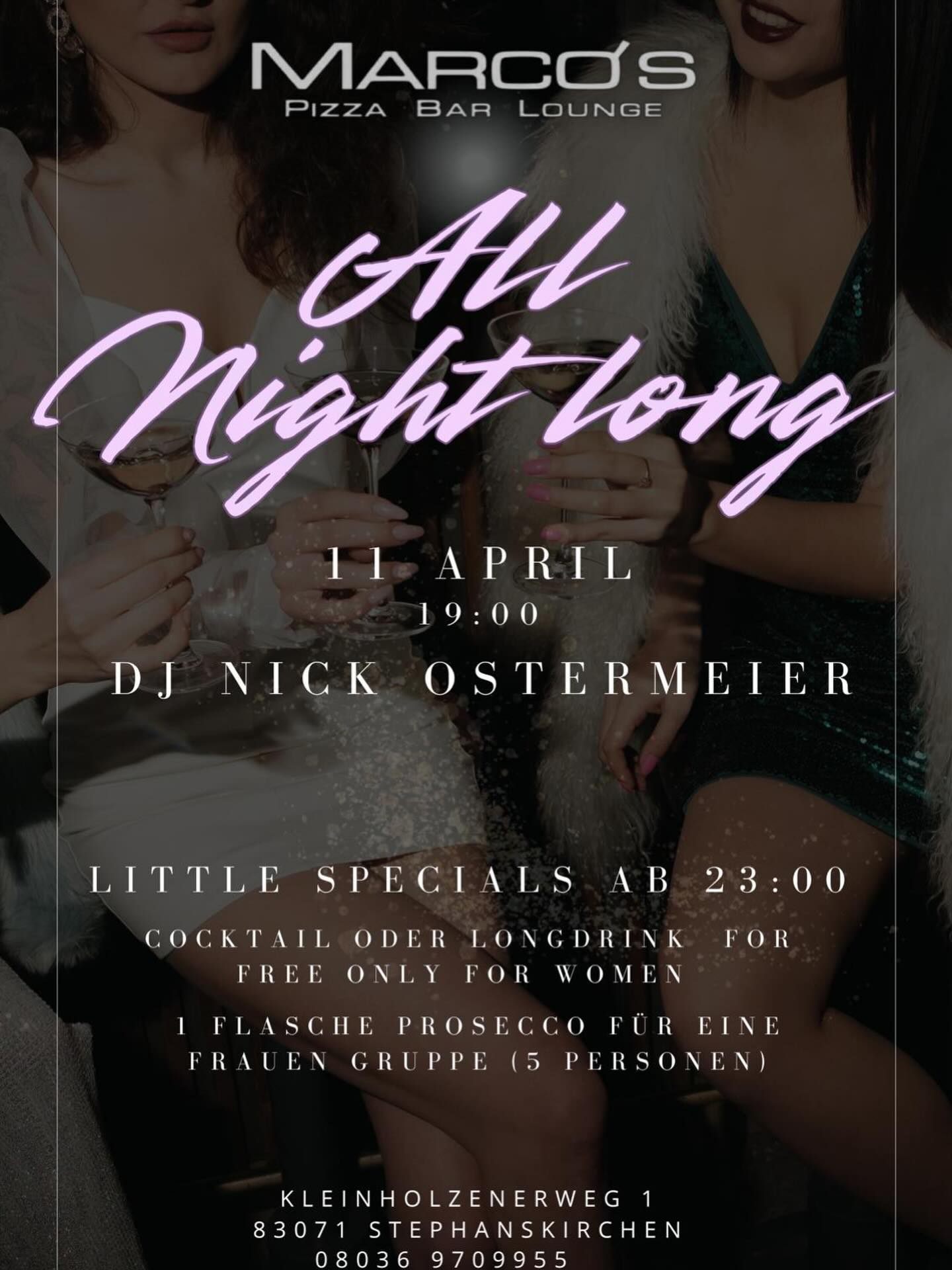 Diesen Samstag ,
11.04 starten wir mit DJ Nick Ostermeier 🎧
Ab 19:00 Uhr erwartet euch ein Mix aus den besten Hits Latino, House, Hip-Hop und vieles mehr!
Specials 💃
5 Gruppen von Mädels erhalten ab 23:00 Uhr jeweils eine Flasche Prosecco aufs Haus. 🍸🍹