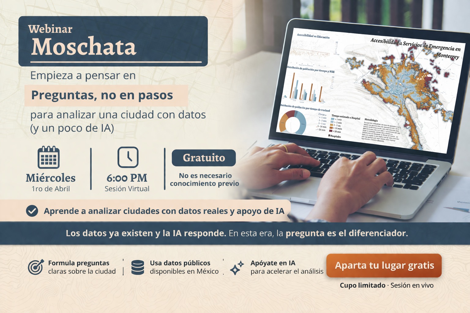 Los datos ya existen.
Las herramientas también.
Incluso la IA puede analizarlos en segundos.
Entonces, ¿por qué sigue siendo tan difícil entender una ciudad?
Porque la mayoría de los análisis empiezan al revés.
Se empieza por el “cómo” (herramientas, pasos, tutoriales) en lugar del “qué” (la pregunta).
Una buena pregunta territorial define:
– qué datos usar
– a qué escala analizar
– qué método tiene sentido
– y qué resultado realmente importa
En este webinar vamos a trabajar justo eso:
• Cómo formular preguntas claras sobre una ciudad
• Qué datos usar (y cuáles ignorar)
• Cómo aprovechar datos públicos en México
• Cómo apoyarte en IA para acelerar el análisis
• Cómo evitar errores comunes en análisis urbano
No necesitas experiencia previa.
Solo interés por entender mejor el territorio.
Miércoles · 6:00 PM · Sesión virtual · Gratis
Regístrate en el link del perfil.
#gis #webinar #mexico #inegi #mapas #urbanismo #urbanplanning #desarrollo