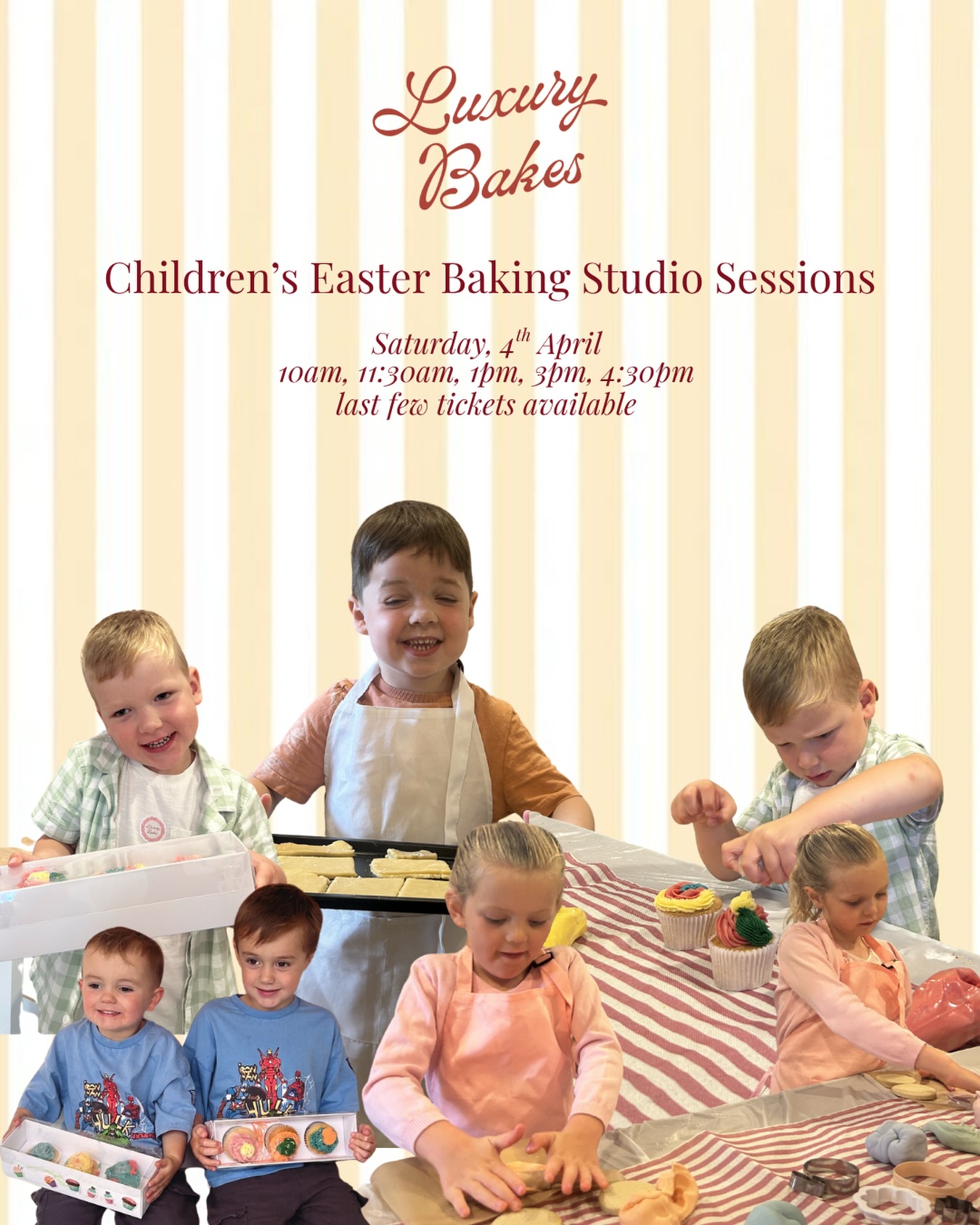 looking for some easter plans?
bring your little one along to my studio this easter saturday to decorate some cookies & cupcakes ready to share with the family this easter 🐣🌸💛
we’ll be decorating cookies, baking hats & cupcakes!
Tickets available via my website, please note some times are sold out & there is limited availability!
be quick!