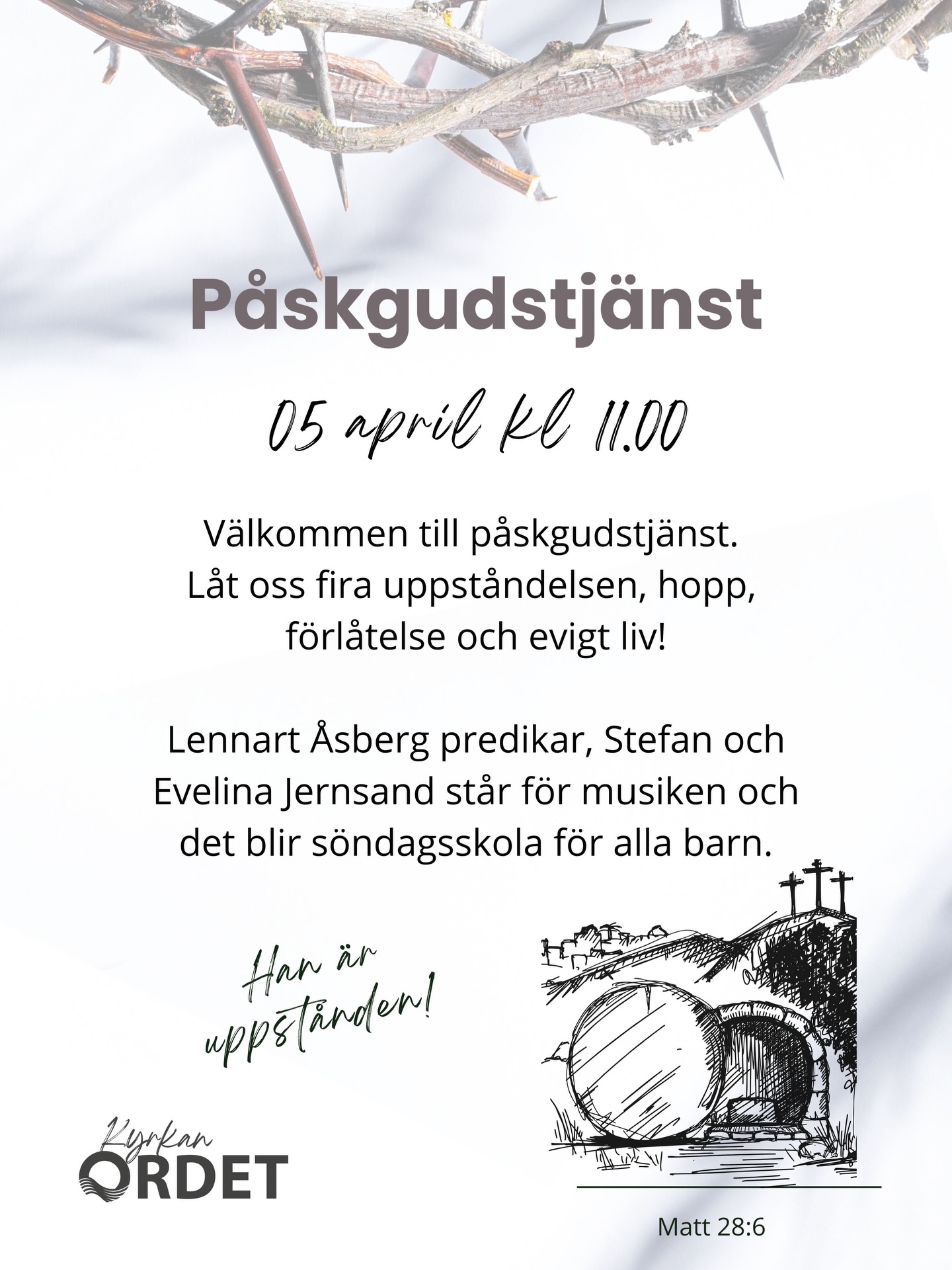 Imorgon är det påsksöndag! Vi vill fira hoppet, livet och uppståndelsen!
5 april kl. 11.00
Välkommen precis som du är – ta gärna med familj och vänner 🤍
Vi ser fram emot gemenskap, lovsång och en dag fylld av glädje.
Han är uppstånden! Hallelujah!